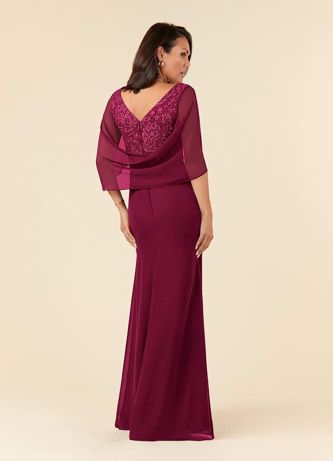Laina Mermaid V-Neck Chiffon and Lace Mother of the Bride Dress in Burgundy