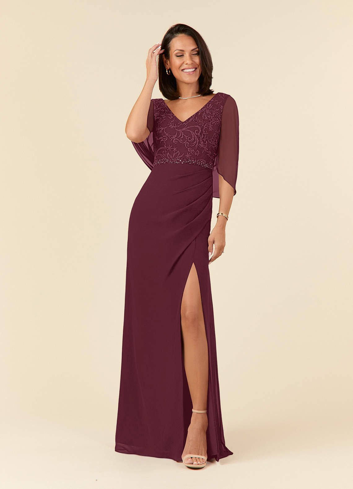 Laina Mermaid V-Neck Chiffon and Lace Mother of the Bride Dress in Cabernet