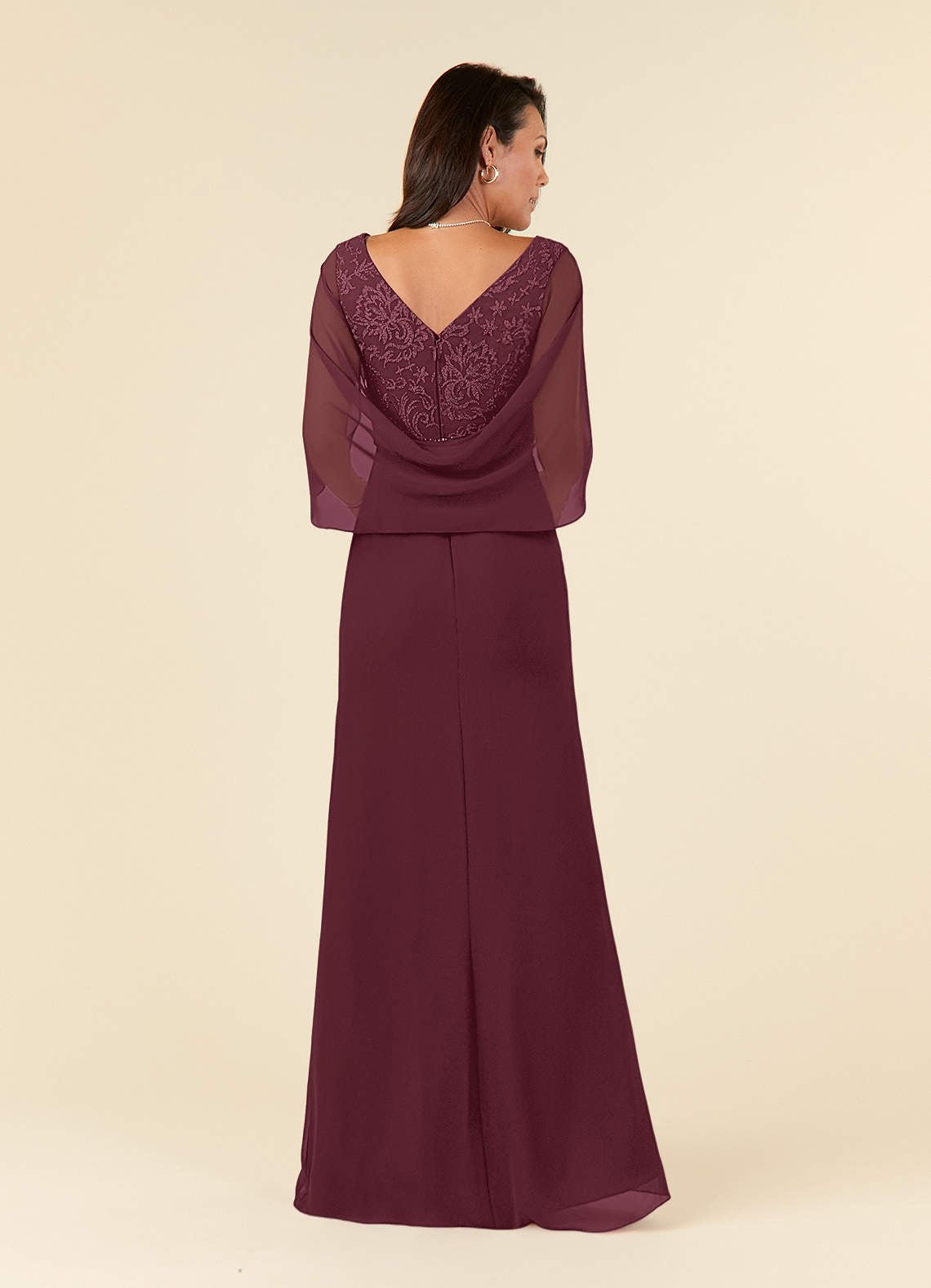 Laina Mermaid V-Neck Chiffon and Lace Mother of the Bride Dress in Cabernet