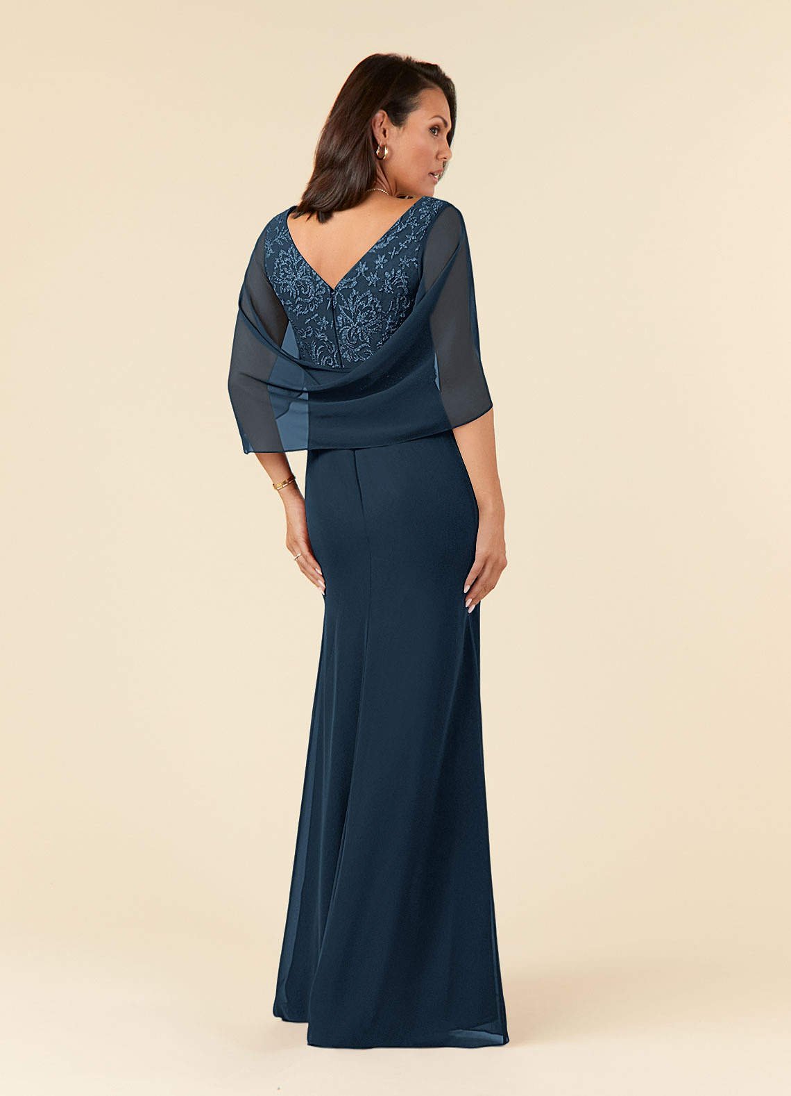 Laina Mermaid V-Neck Chiffon and Lace Mother of the Bride Dress in Dark Navy