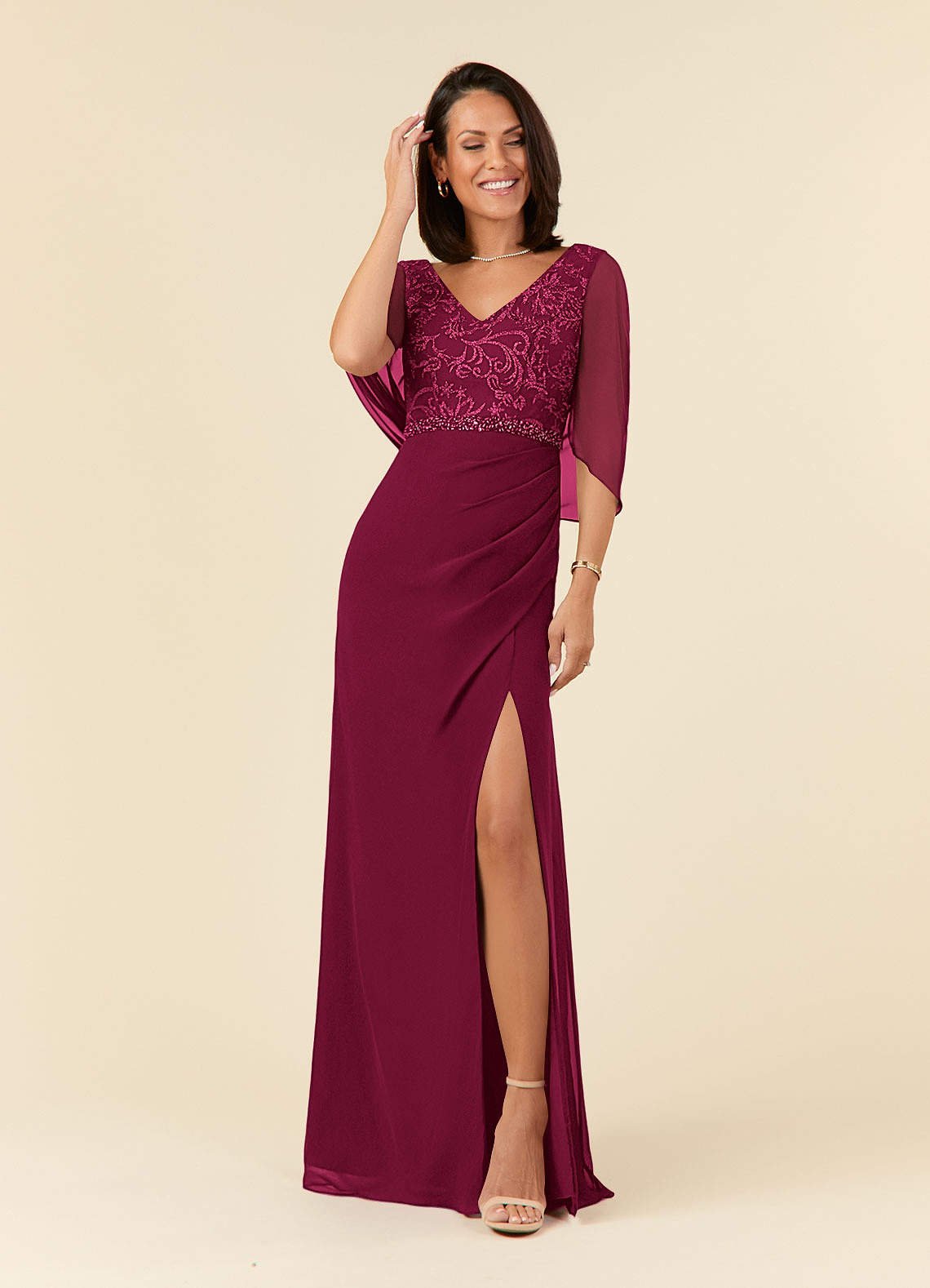Laina Mermaid V-Neck Chiffon and Lace Mother of the Bride Dress in Burgundy