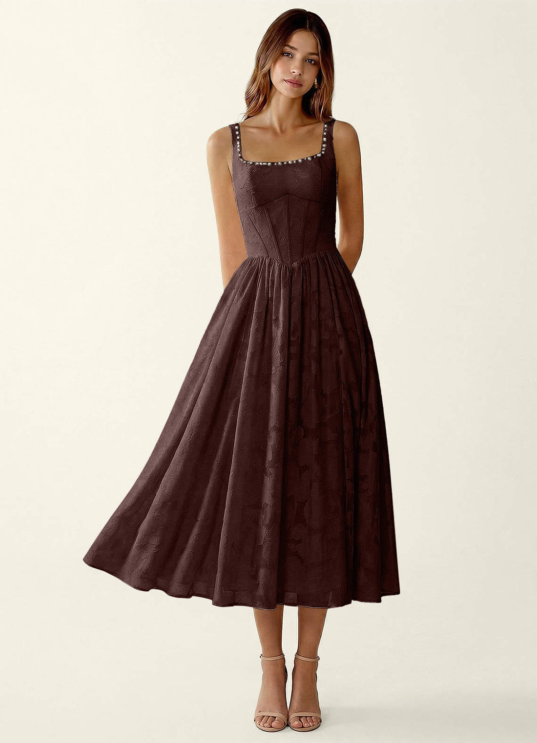 Ottavia A-Line Square-Neck Floral Burnout Prom Dress in Ganache