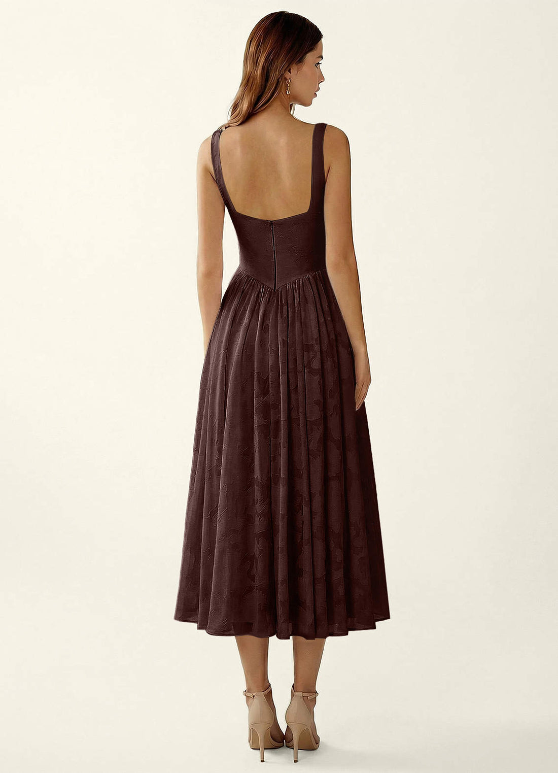 Ottavia A-Line Square-Neck Floral Burnout Prom Dress in Ganache