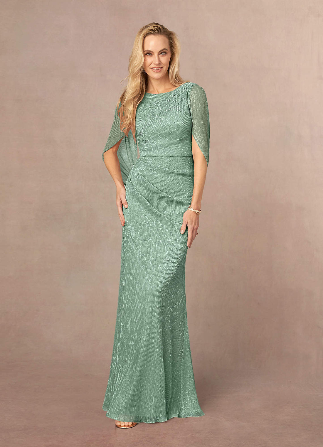Paige Sheath Boat-Neck Metallic Mesh Mother of the Bride Dress in Aquamarine