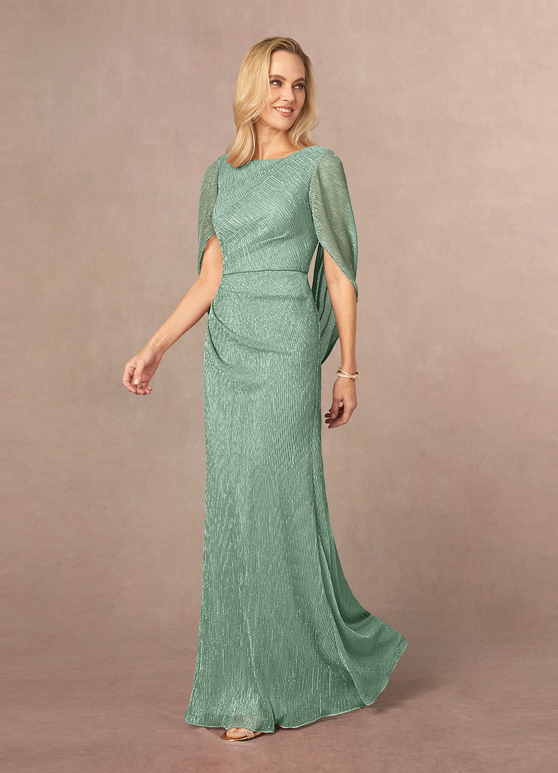 Paige Sheath Boat-Neck Metallic Mesh Mother of the Bride Dress in Aquamarine