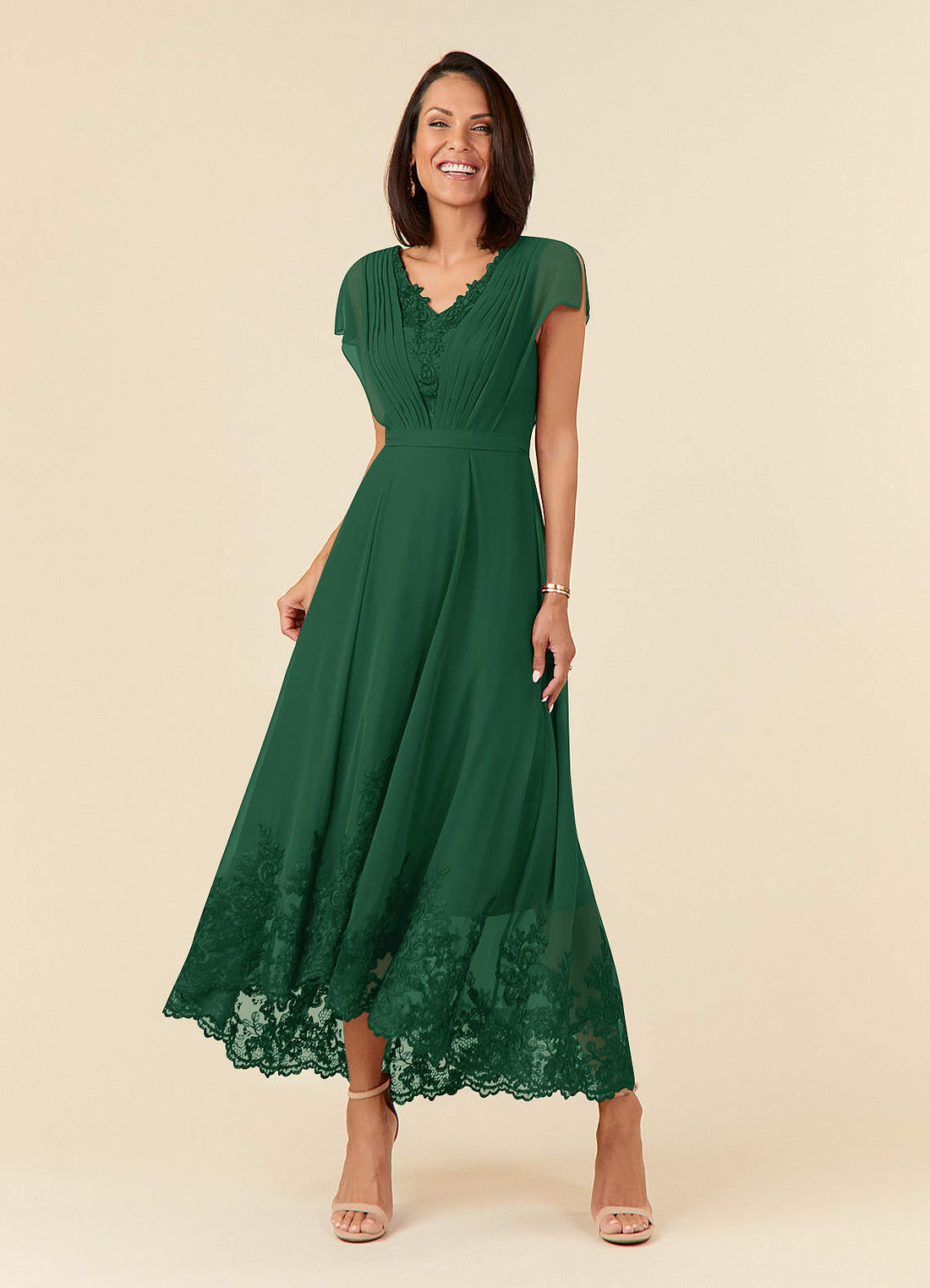 Palana A-Line V-Neck Chiffon and Lace Mother of the Bride Dress in Dark Green