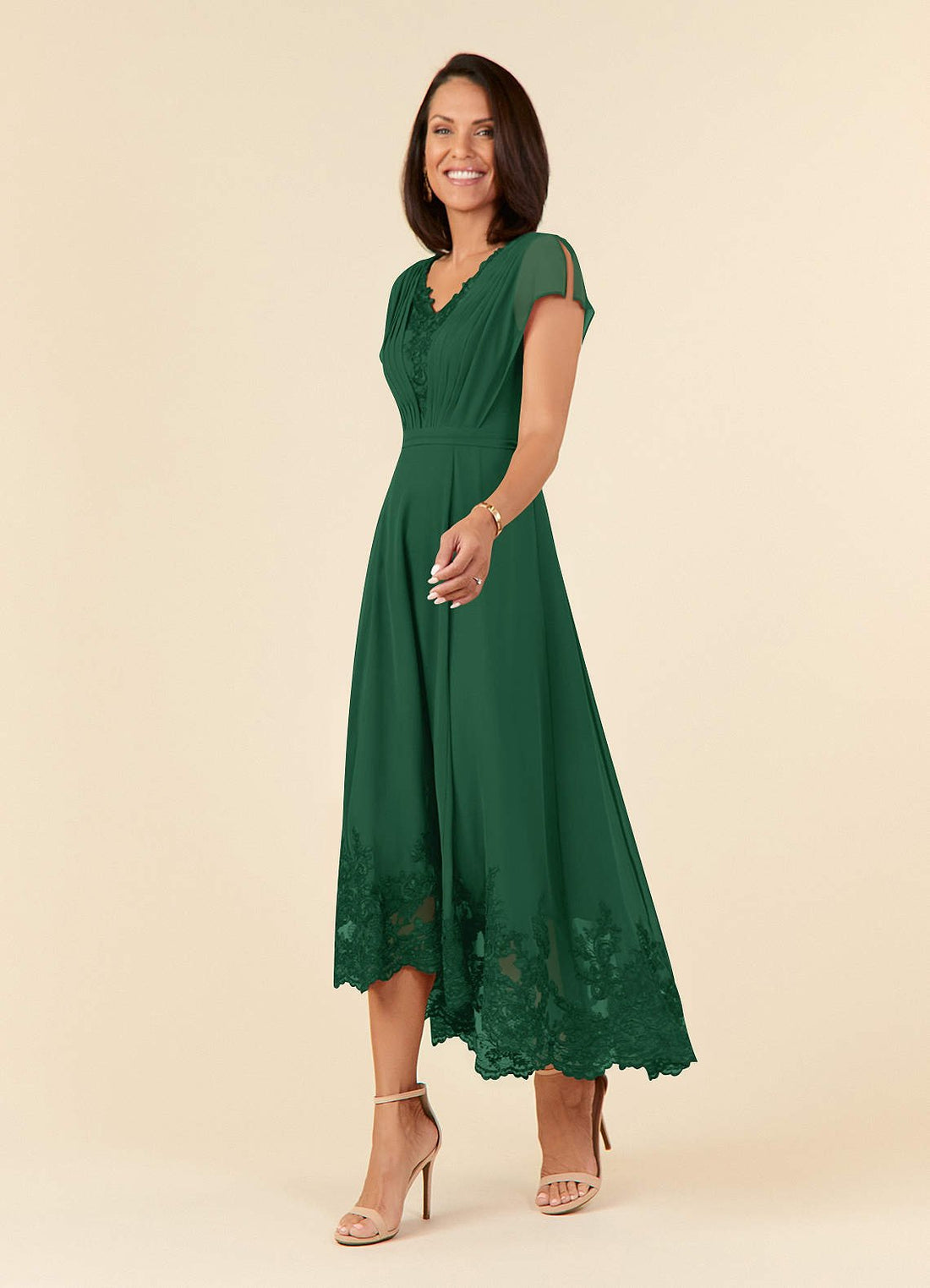 Palana A-Line V-Neck Chiffon and Lace Mother of the Bride Dress in Dark Green
