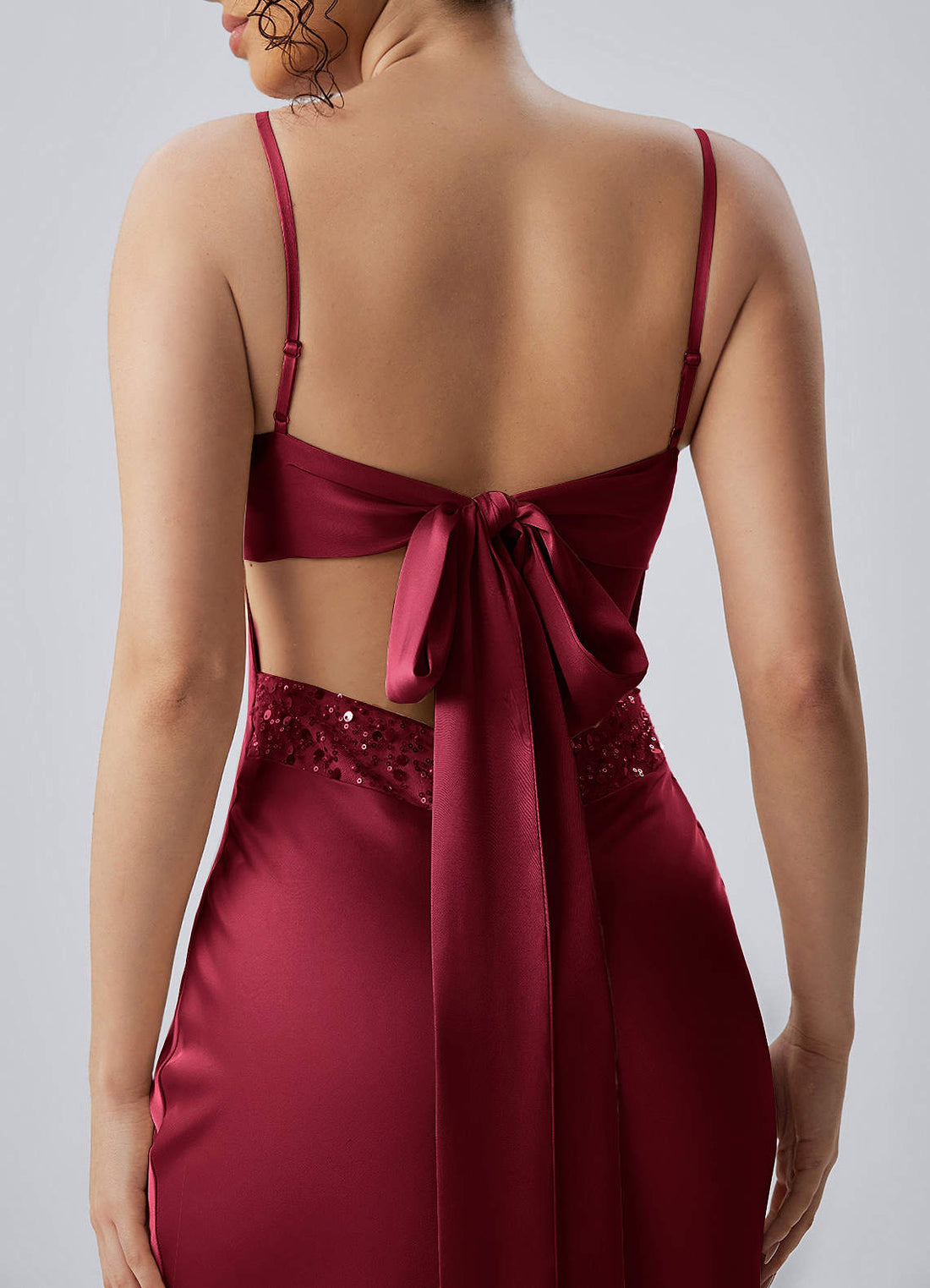 Paloma Sheath V-Neck Beaded Satin Prom Dress in Burgundy