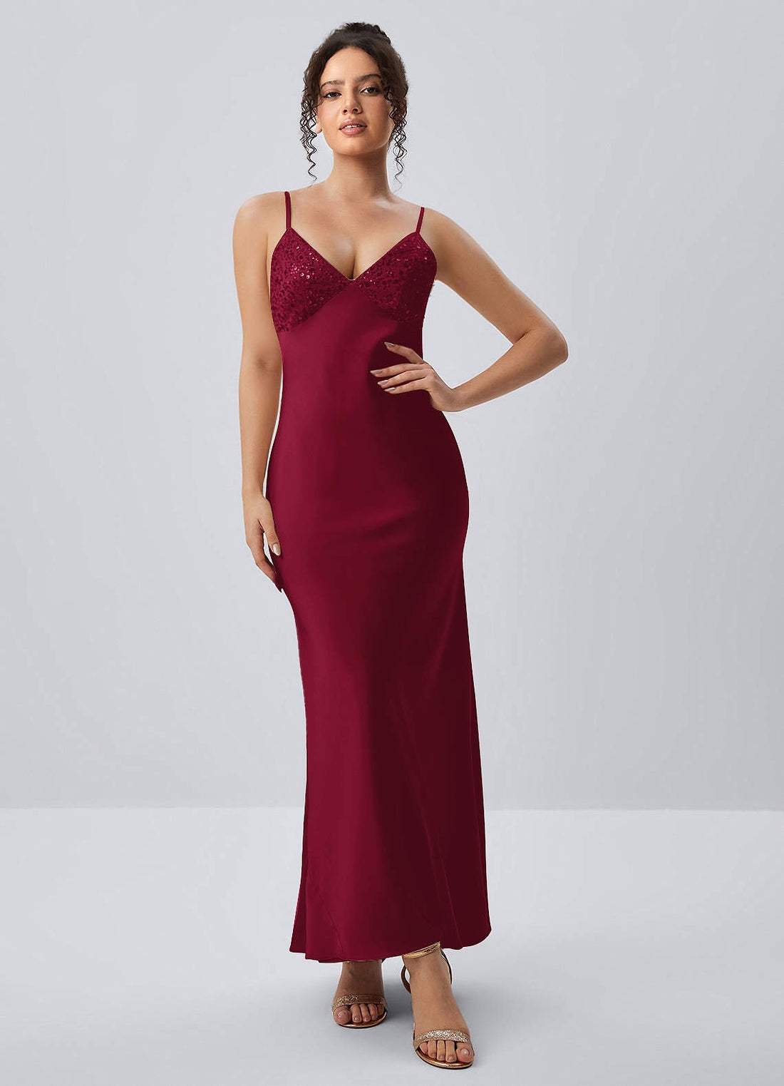Paloma Sheath V-Neck Beaded Satin Prom Dress in Burgundy
