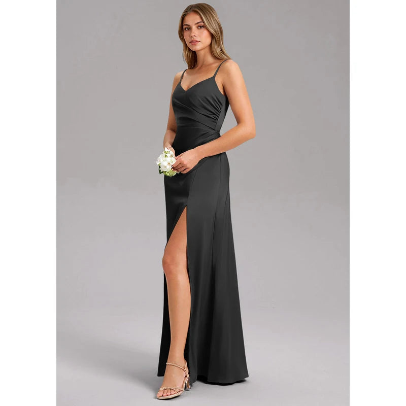 Waverly A-Line V-Neck Stretch Satin Bridesmaid Dress in black - additional view 6