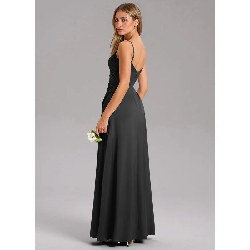 Waverly A-Line V-Neck Stretch Satin Bridesmaid Dress in black - additional view 9