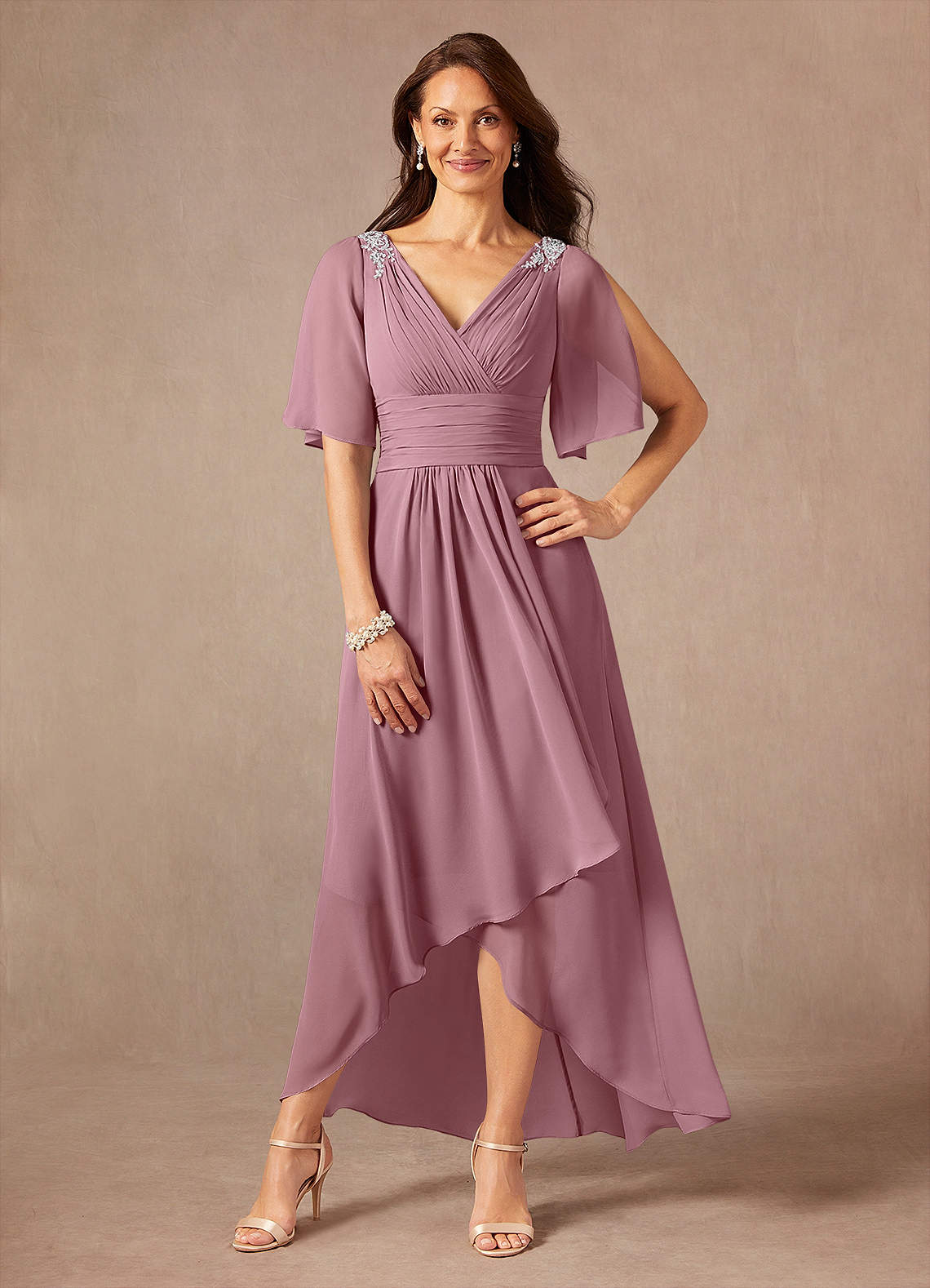 Pascual A-Line V-Neck Chiffon Mother of the Bride Dress in Vintage Mauve