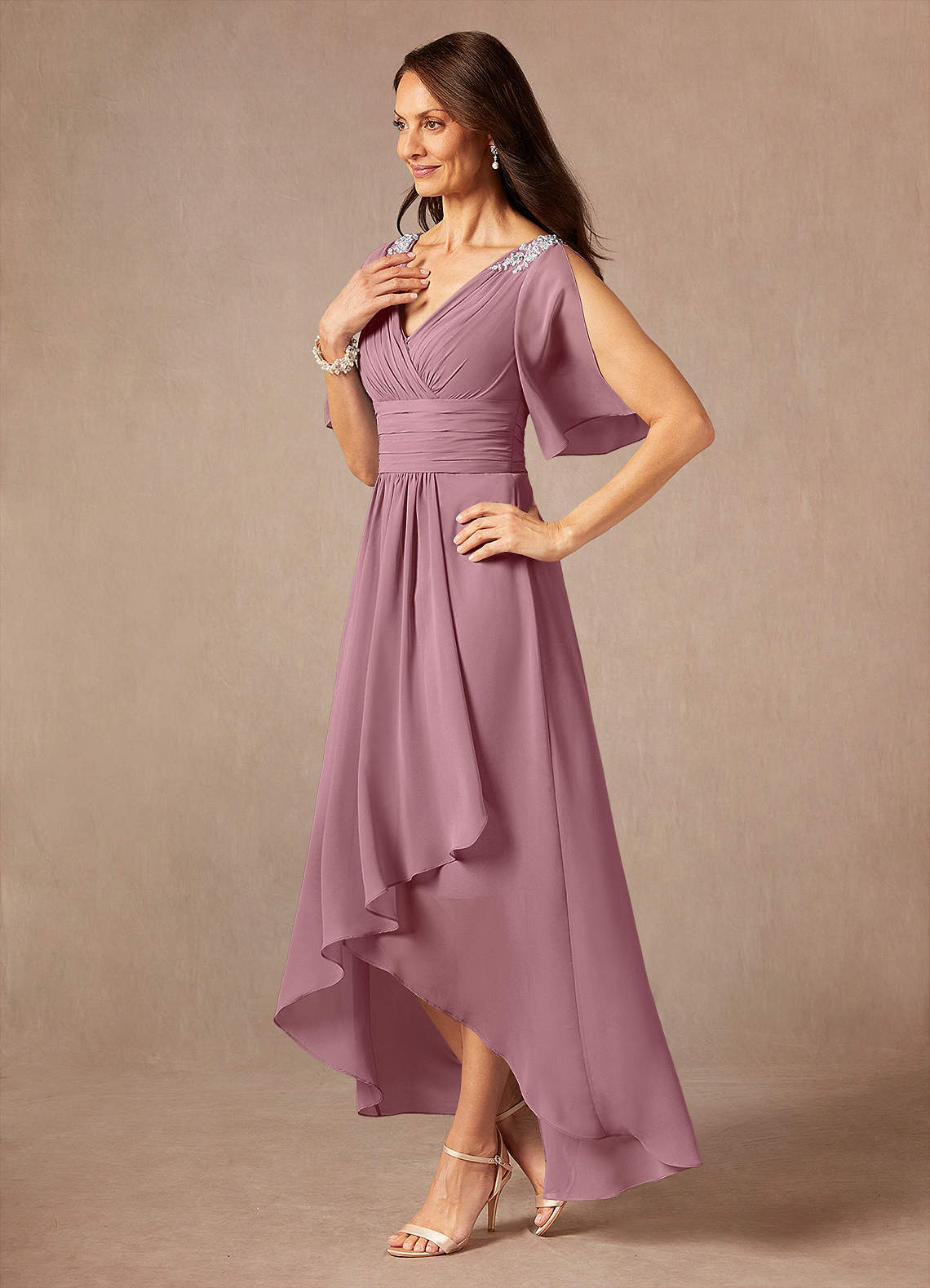 Pascual A-Line V-Neck Chiffon Mother of the Bride Dress in Vintage Mauve