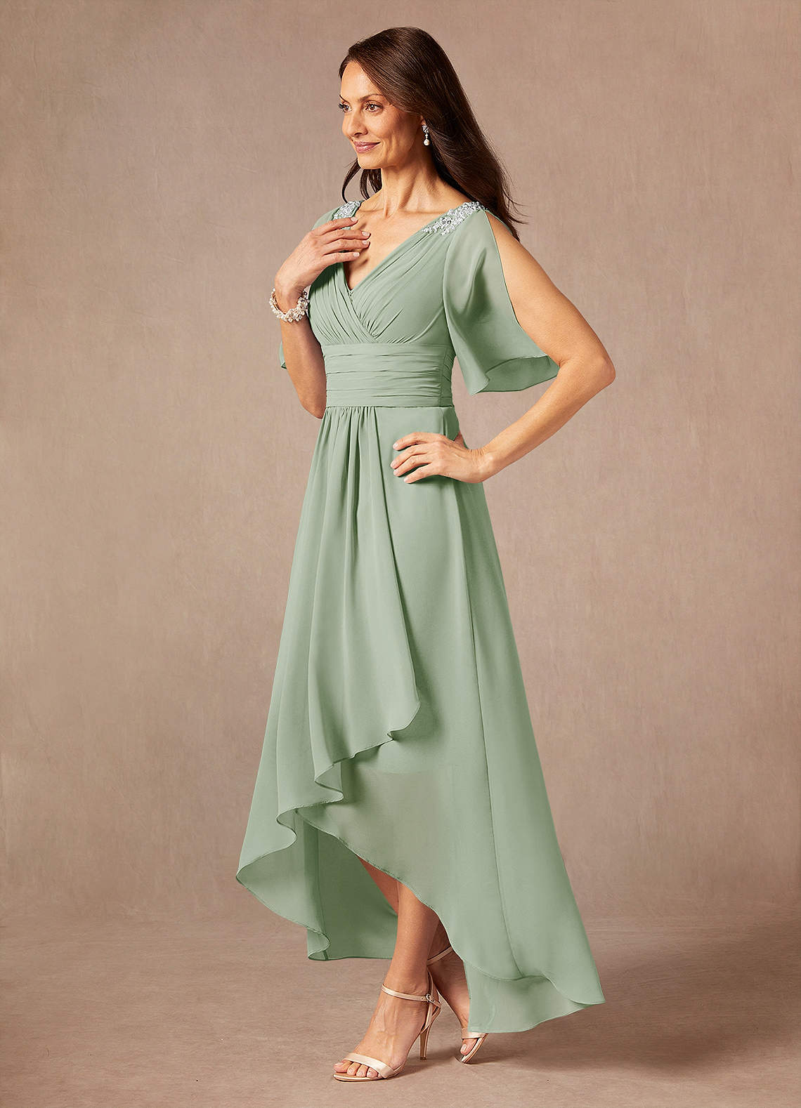 Pascual A-Line V-Neck Chiffon Mother of the Bride Dress in Dusty Sage