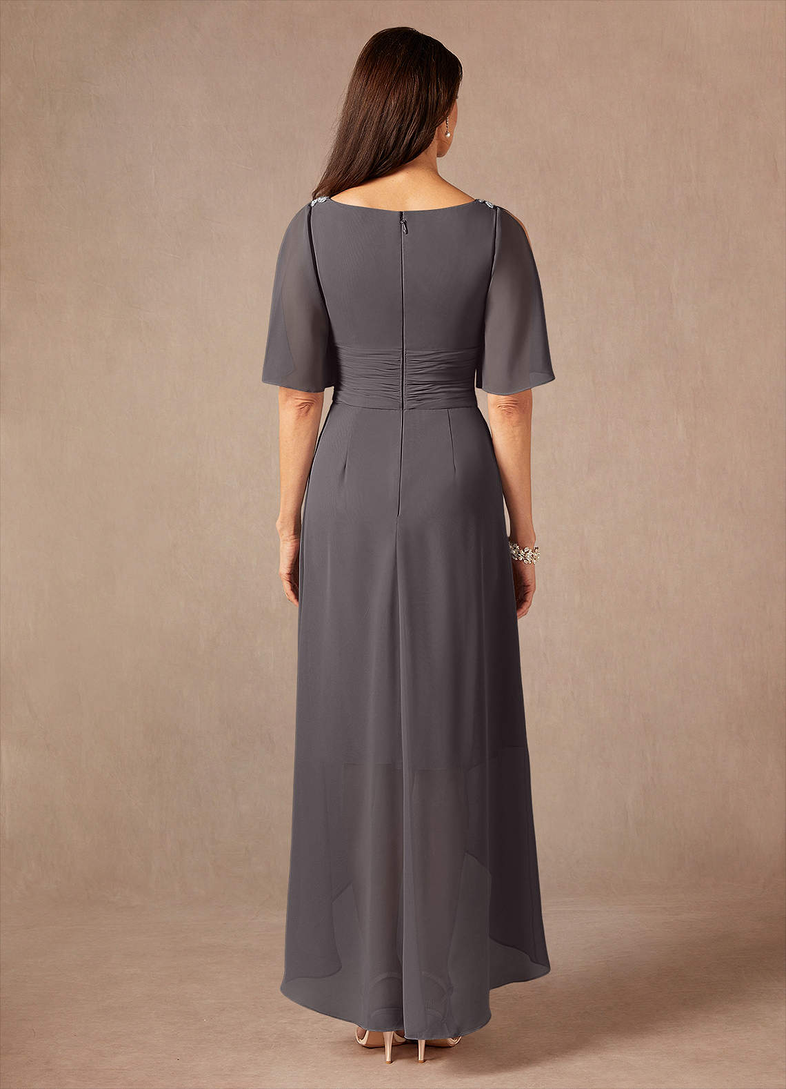 Pascual A-Line V-Neck Chiffon Mother of the Bride Dress in Steel Grey