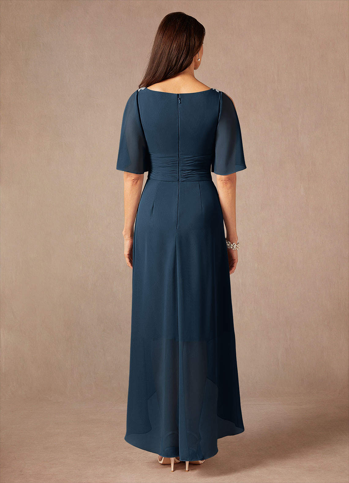 Pascual A-Line V-Neck Chiffon Mother of the Bride Dress in Dark Navy