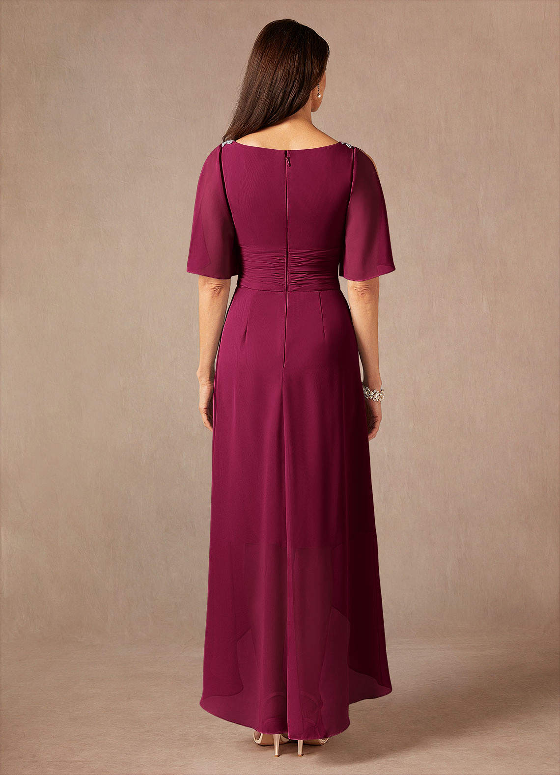 Pascual A-Line V-Neck Chiffon Mother of the Bride Dress in Burgundy
