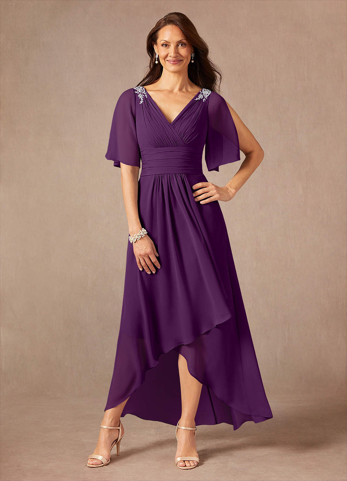 Pascual A-Line V-Neck Chiffon Mother of the Bride Dress in Grape