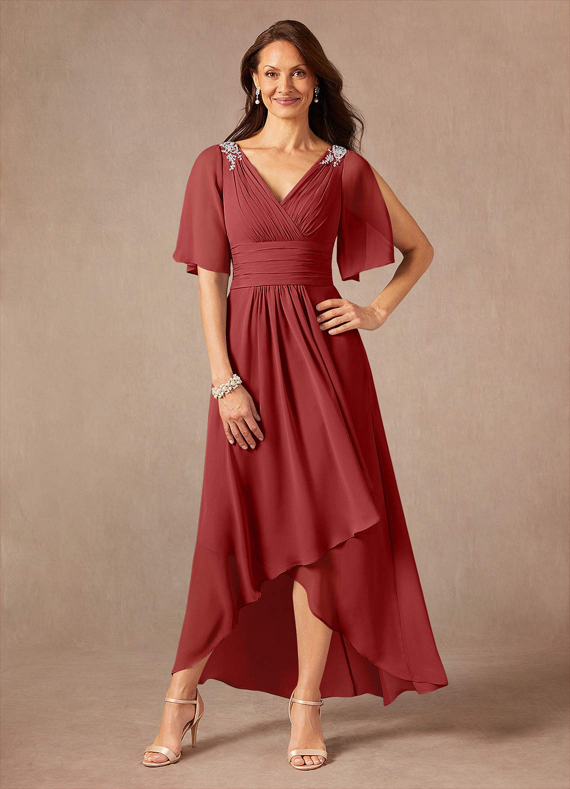 Pascual A-Line V-Neck Chiffon Mother of the Bride Dress in Rust