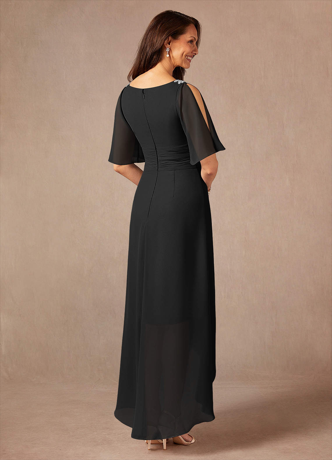 Pascual A-Line V-Neck Chiffon Mother of the Bride Dress in black
