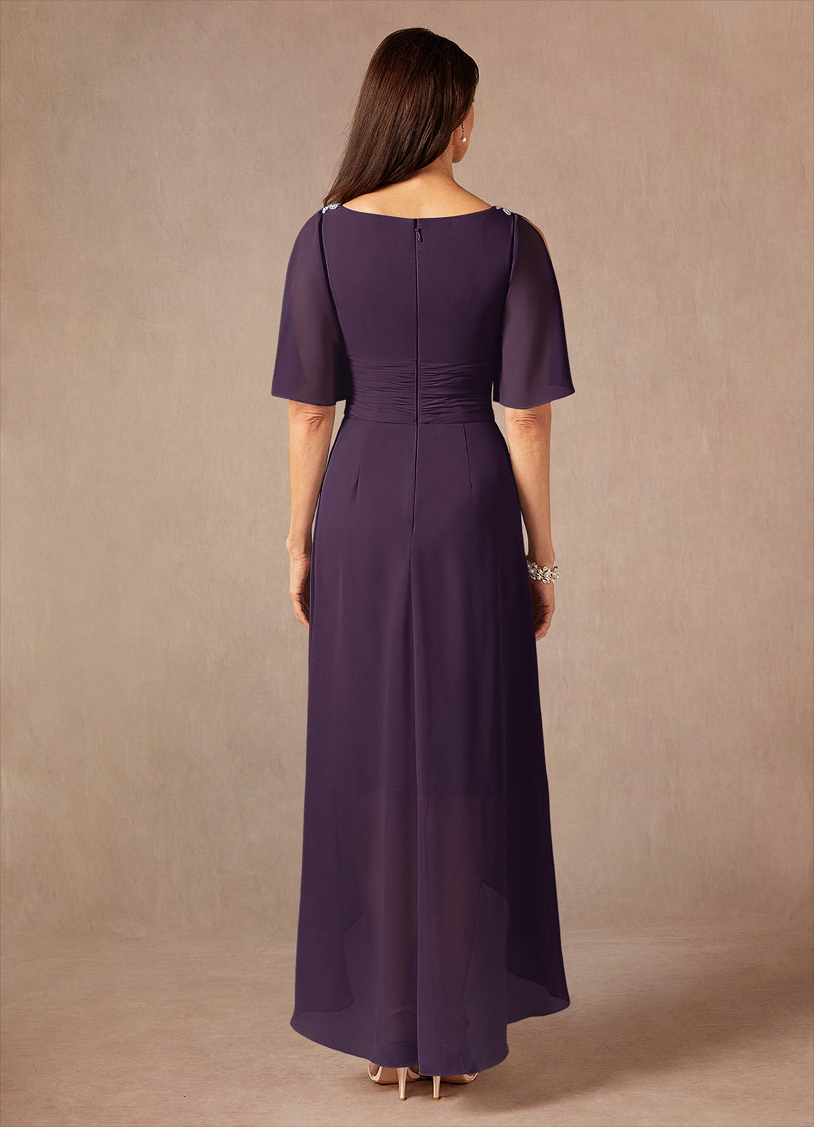 Pascual A-Line V-Neck Chiffon Mother of the Bride Dress in Plum