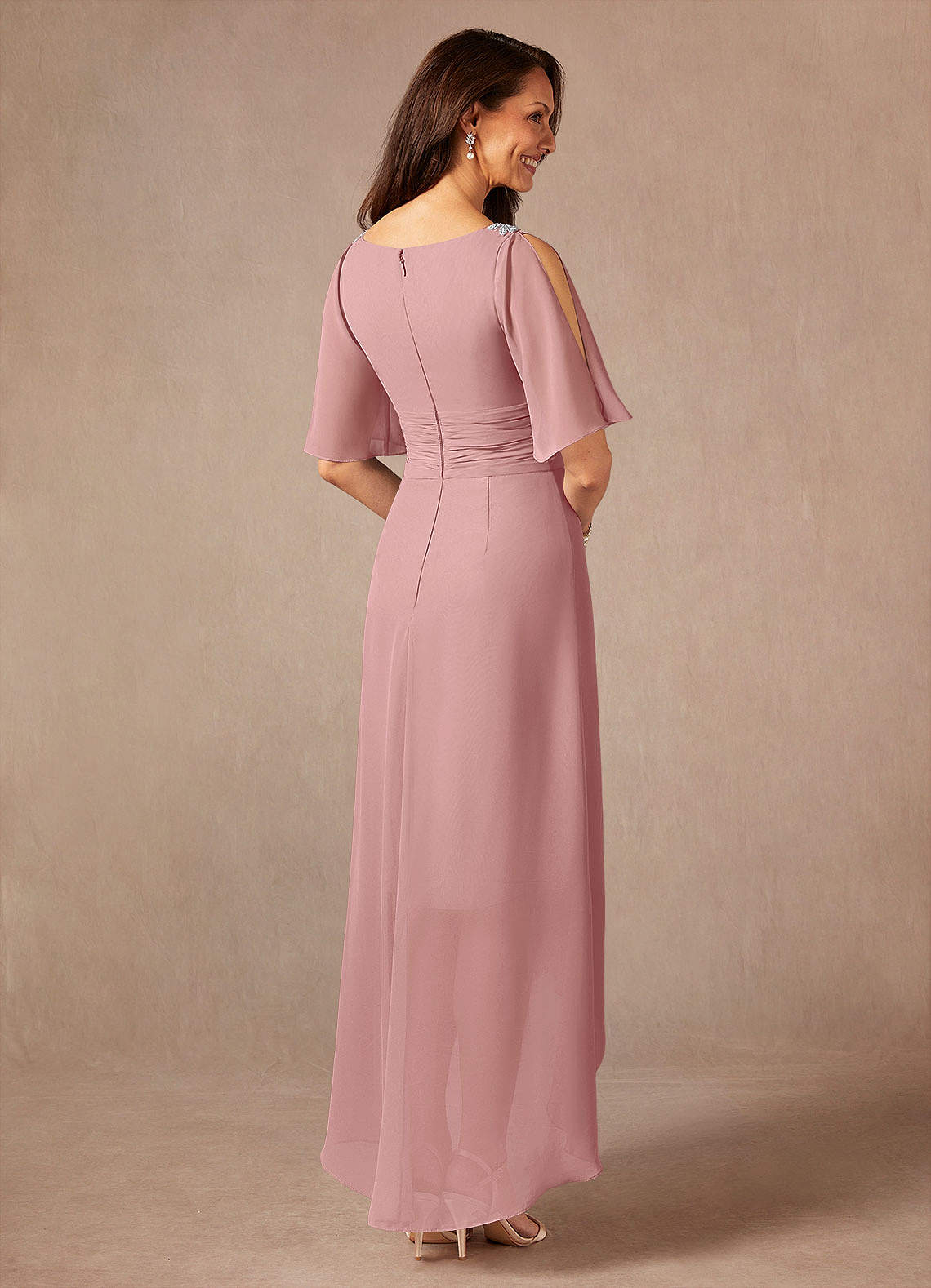 Pascual A-Line V-Neck Chiffon Mother of the Bride Dress in Dusty Rose