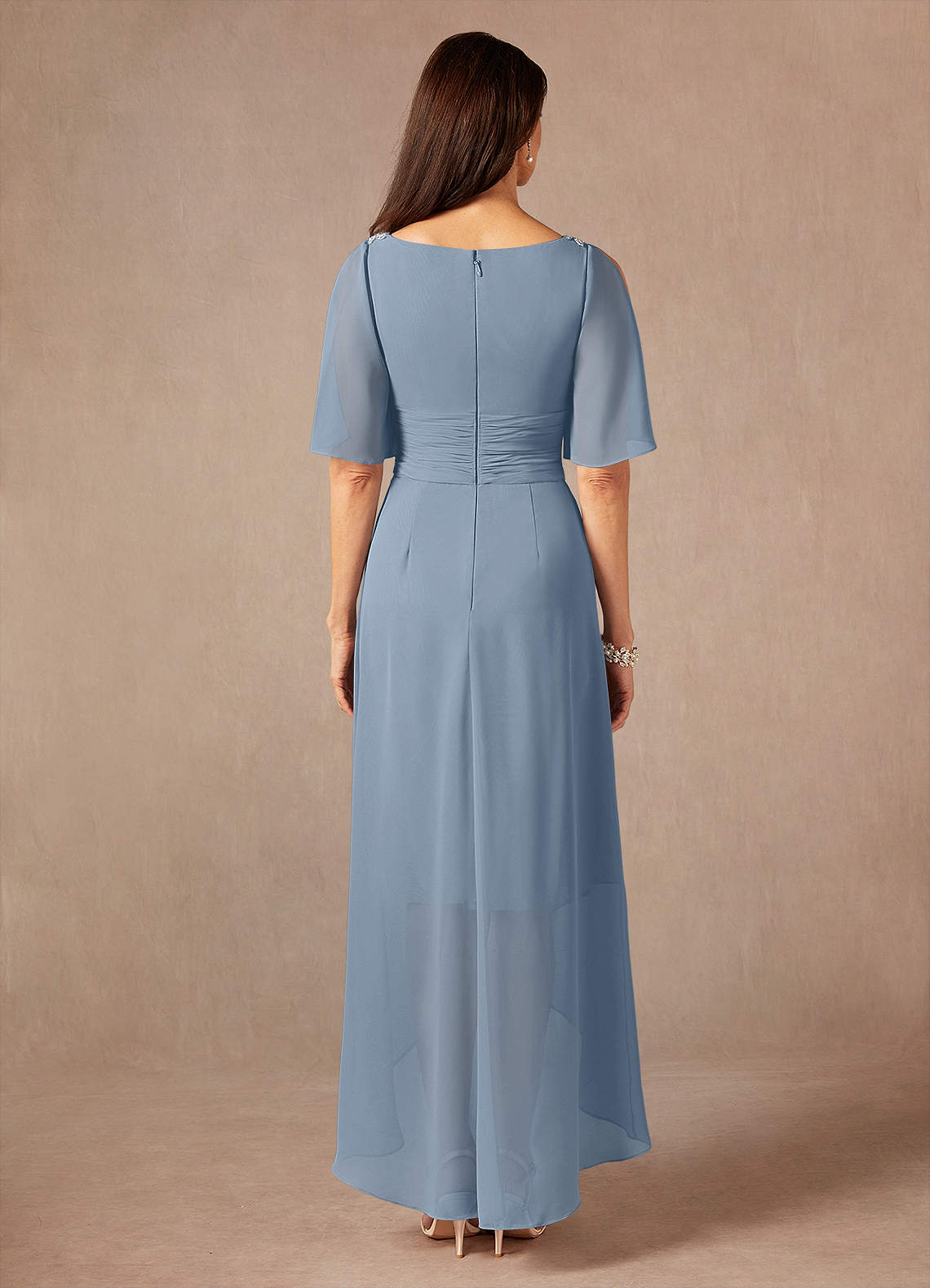 Pascual A-Line V-Neck Chiffon Mother of the Bride Dress in dusty blue