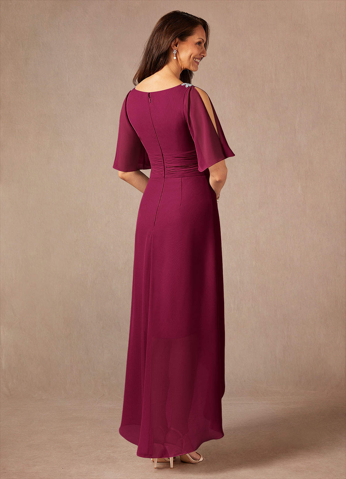 Pascual A-Line V-Neck Chiffon Mother of the Bride Dress in Burgundy