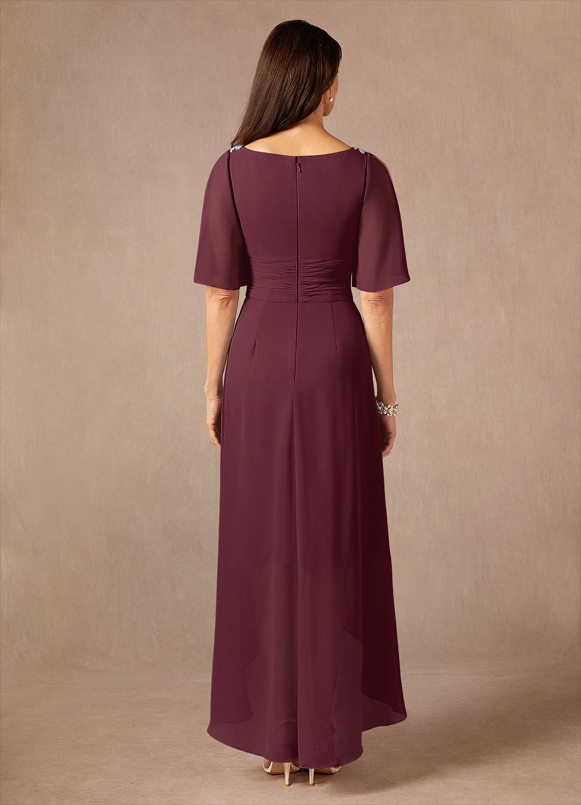 Pascual A-Line V-Neck Chiffon Mother of the Bride Dress in Cabernet