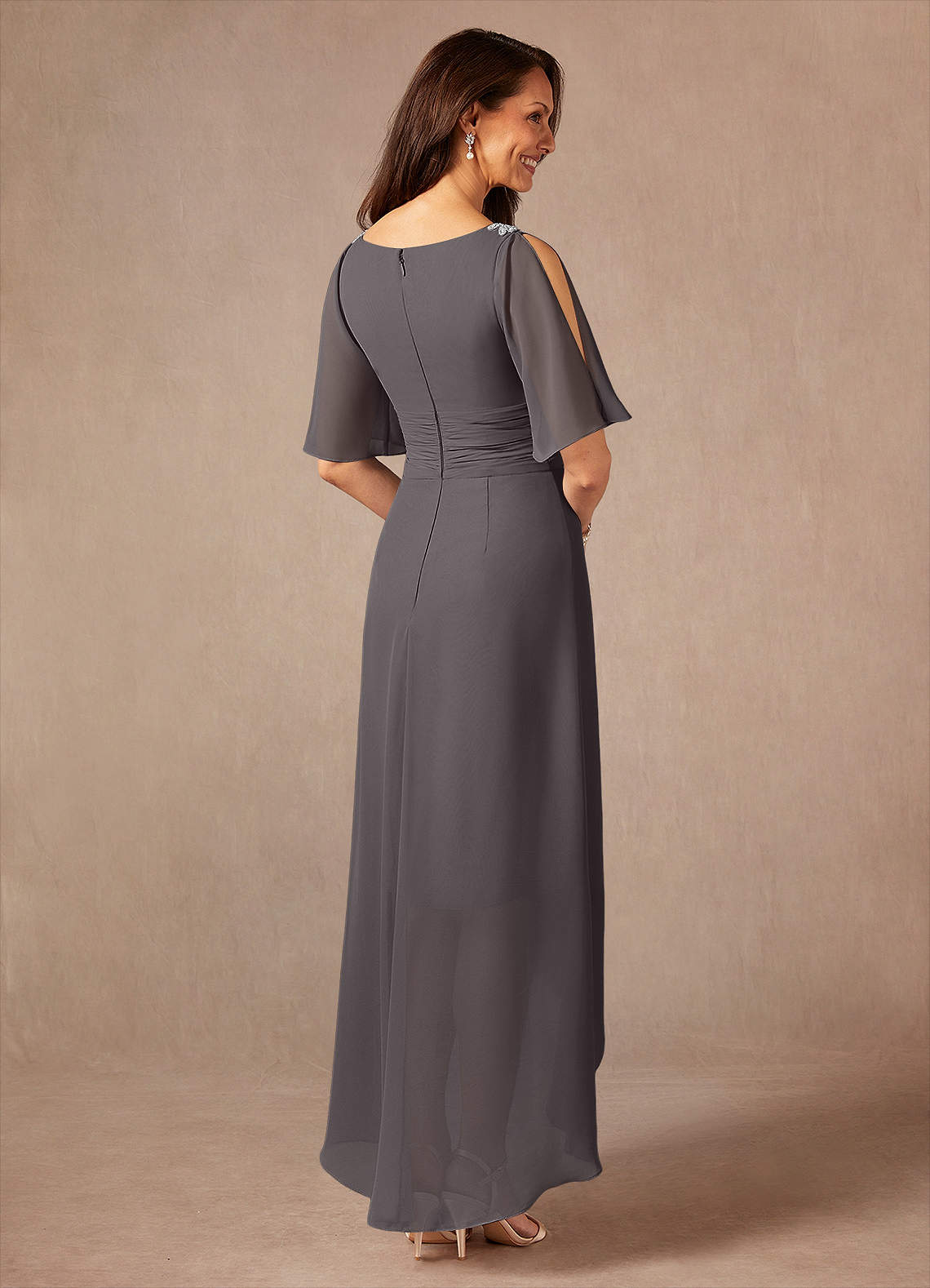 Pascual A-Line V-Neck Chiffon Mother of the Bride Dress in Steel Grey