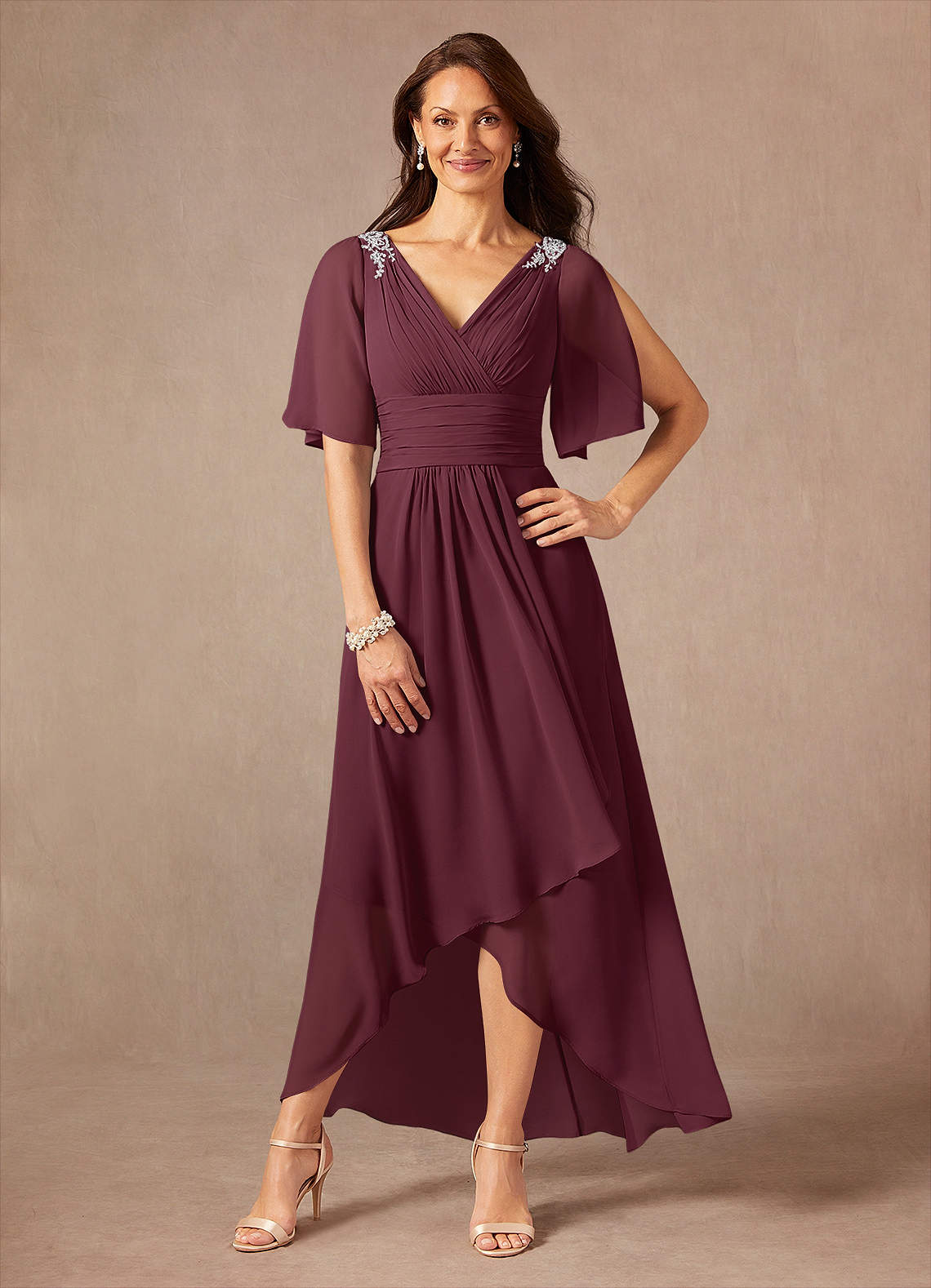 Pascual A-Line V-Neck Chiffon Mother of the Bride Dress in Cabernet