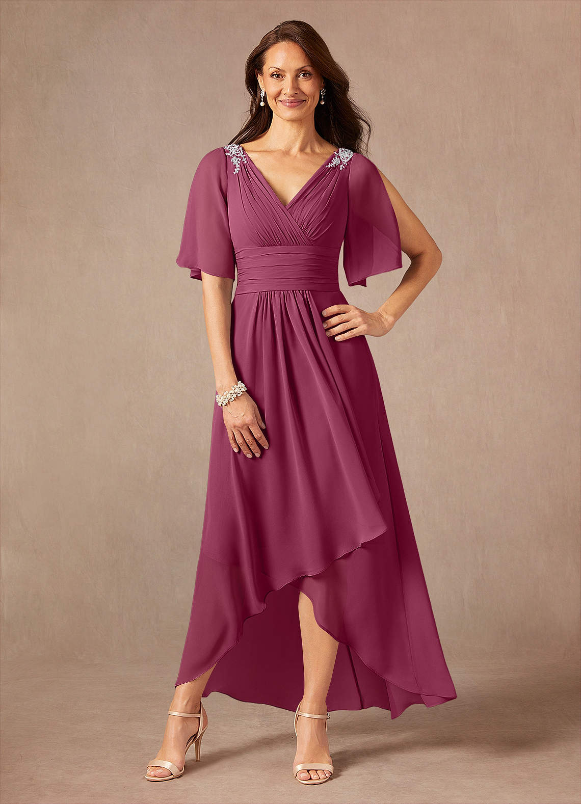 Pascual A-Line V-Neck Chiffon Mother of the Bride Dress in Mulberry