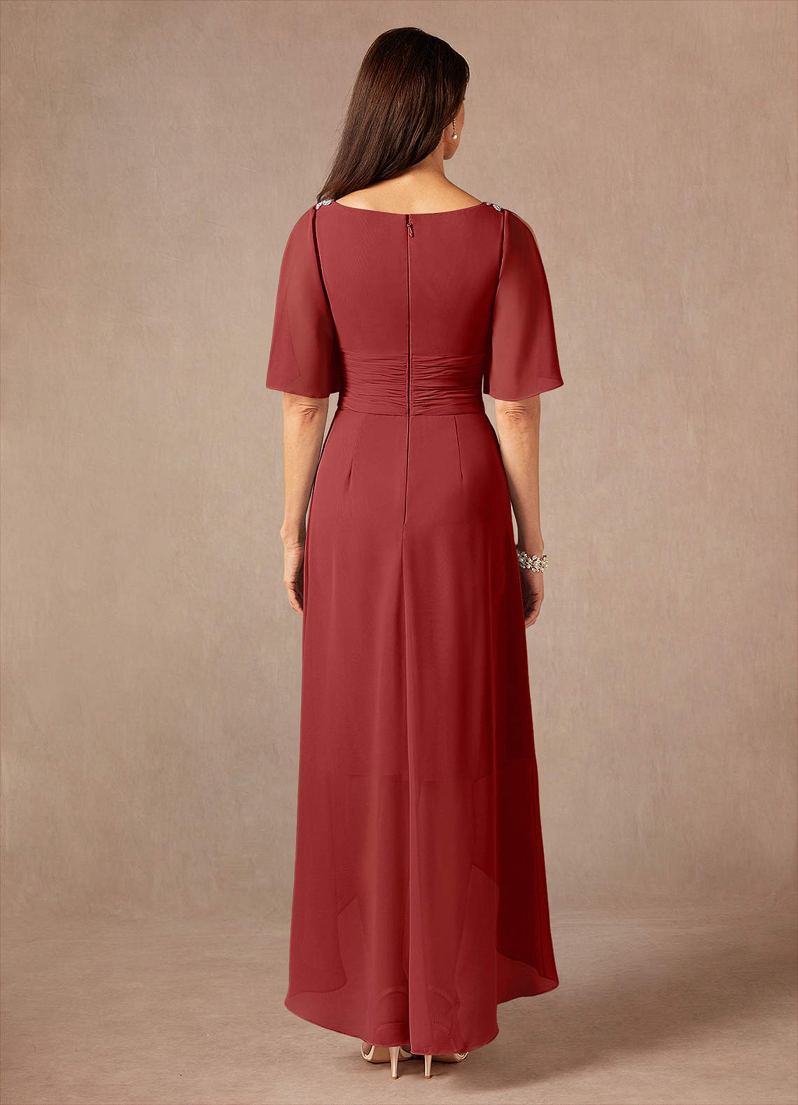Pascual A-Line V-Neck Chiffon Mother of the Bride Dress in Rust