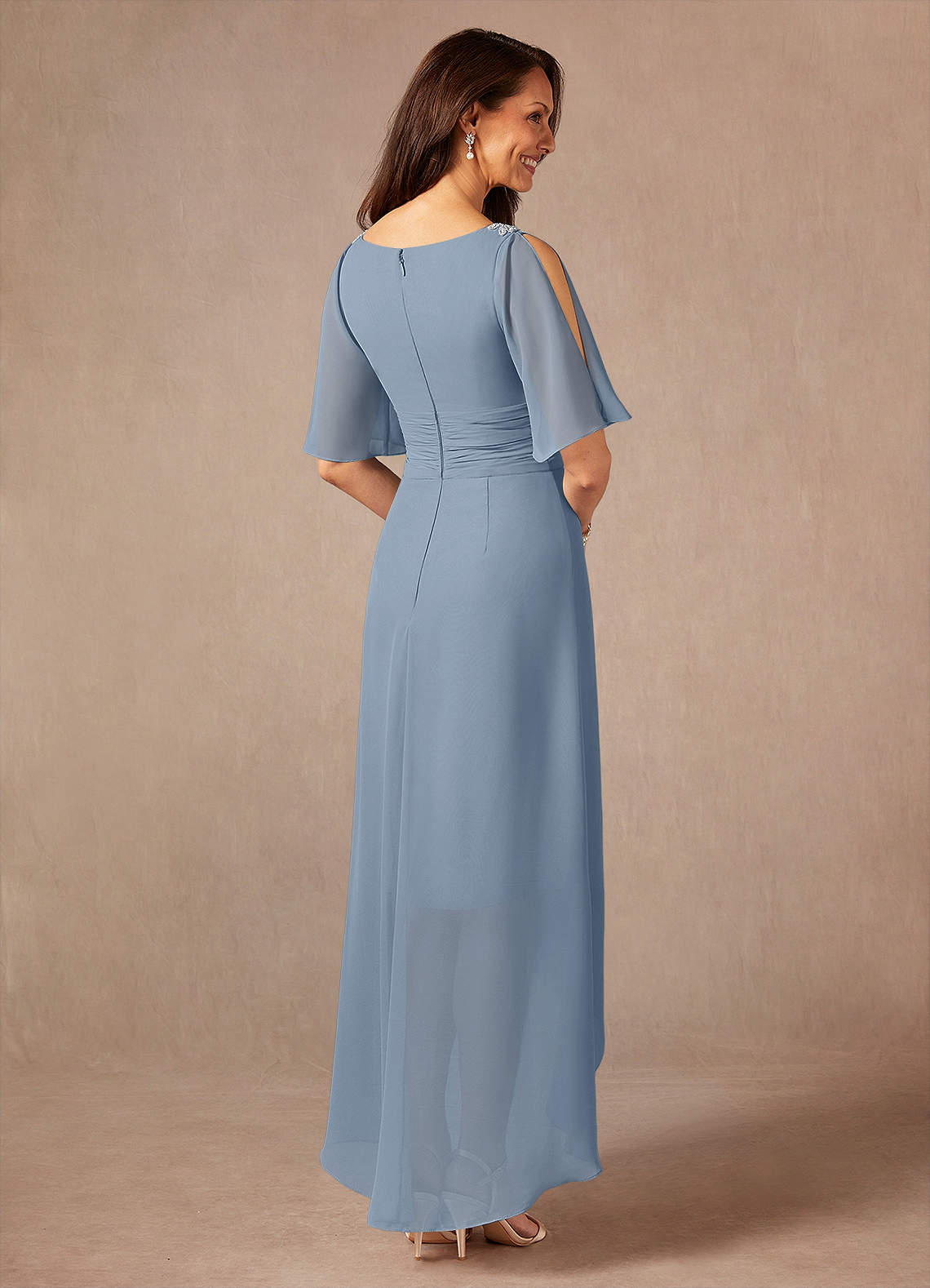 Pascual A-Line V-Neck Chiffon Mother of the Bride Dress in dusty blue