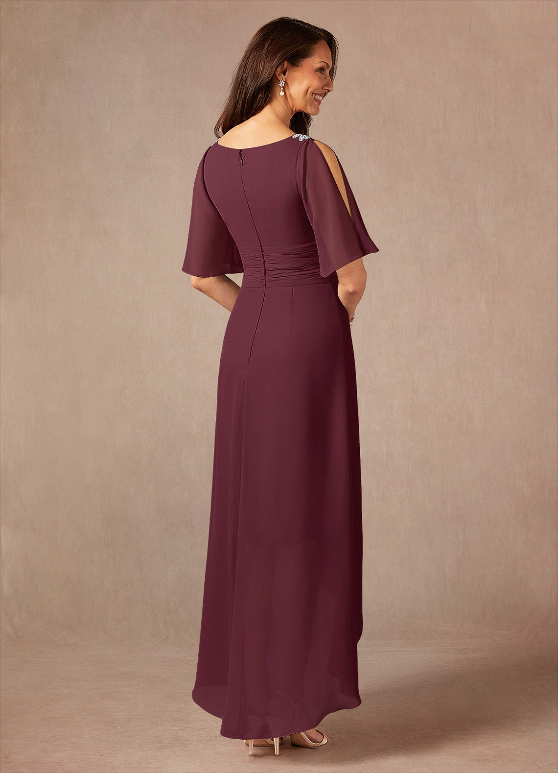 Pascual A-Line V-Neck Chiffon Mother of the Bride Dress in Cabernet