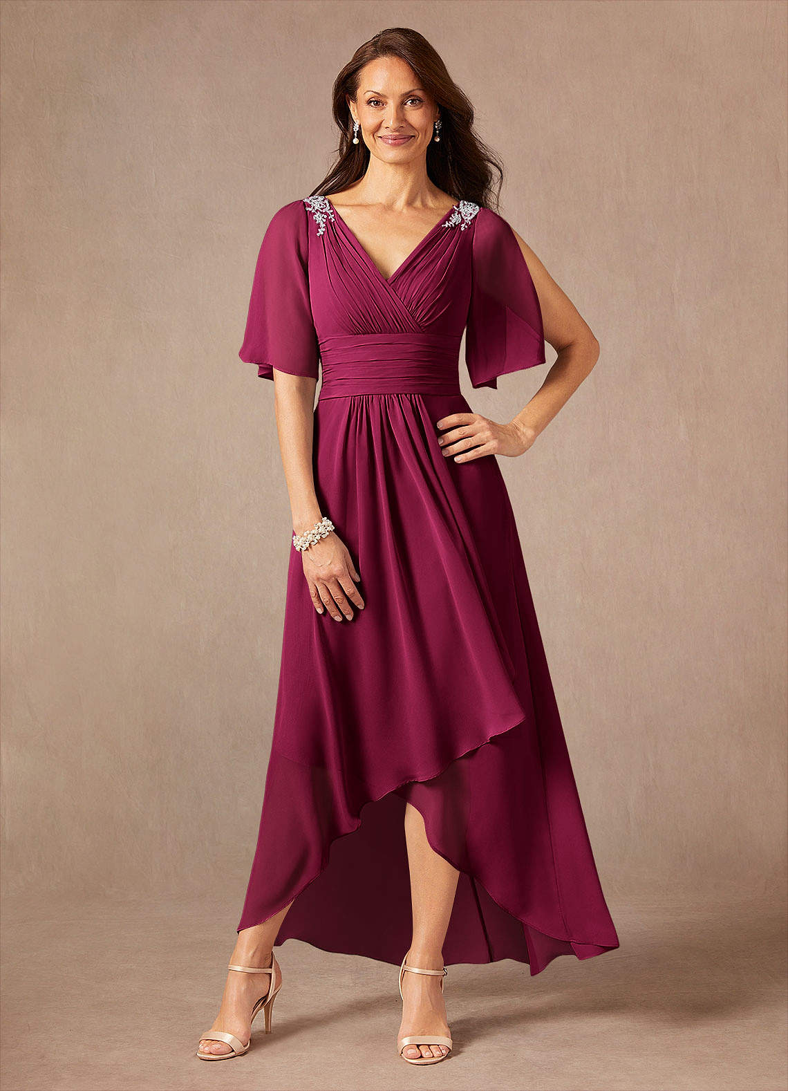 Pascual A-Line V-Neck Chiffon Mother of the Bride Dress in Burgundy