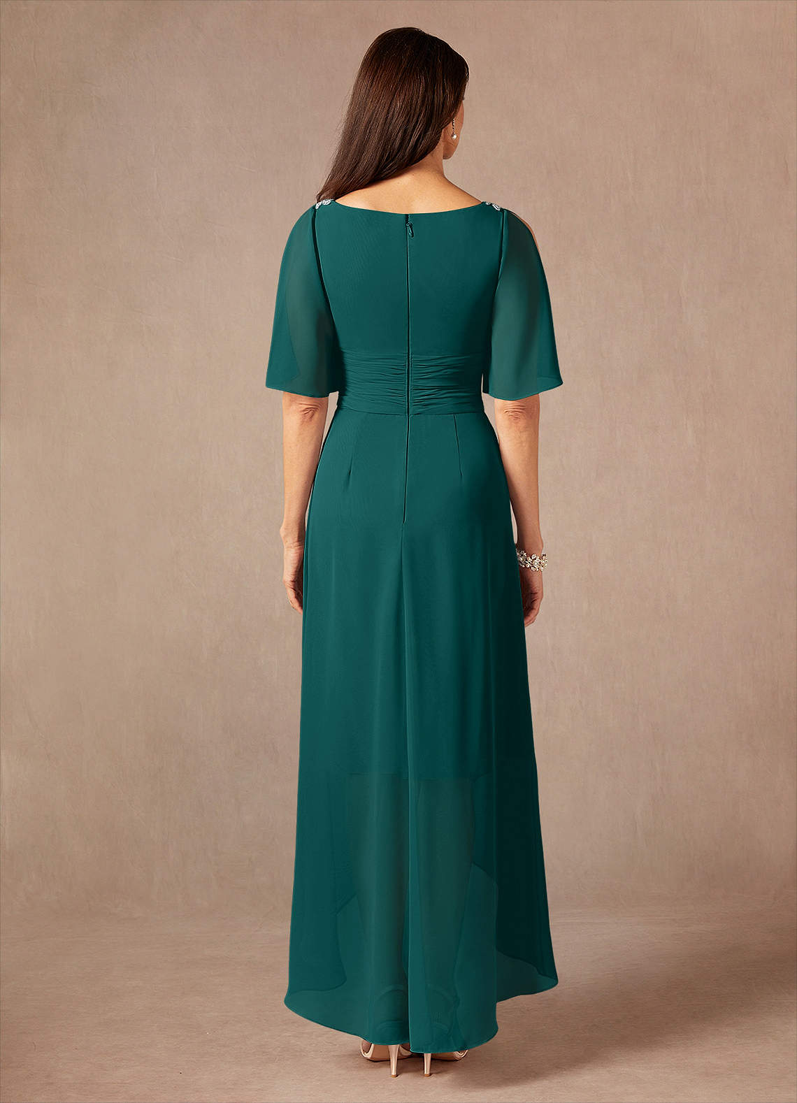 Pascual A-Line V-Neck Chiffon Mother of the Bride Dress in Peacock