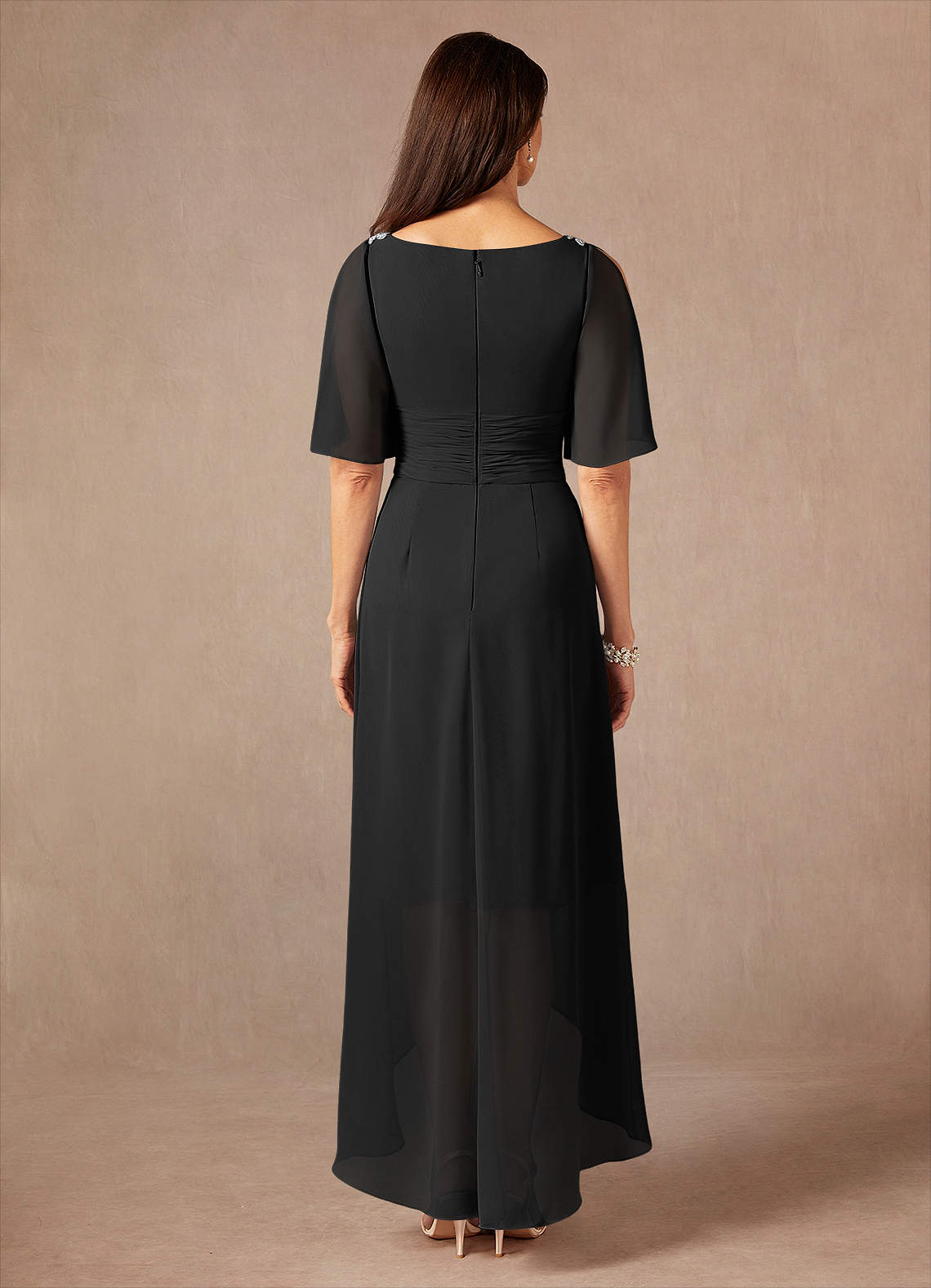 Pascual A-Line V-Neck Chiffon Mother of the Bride Dress in black