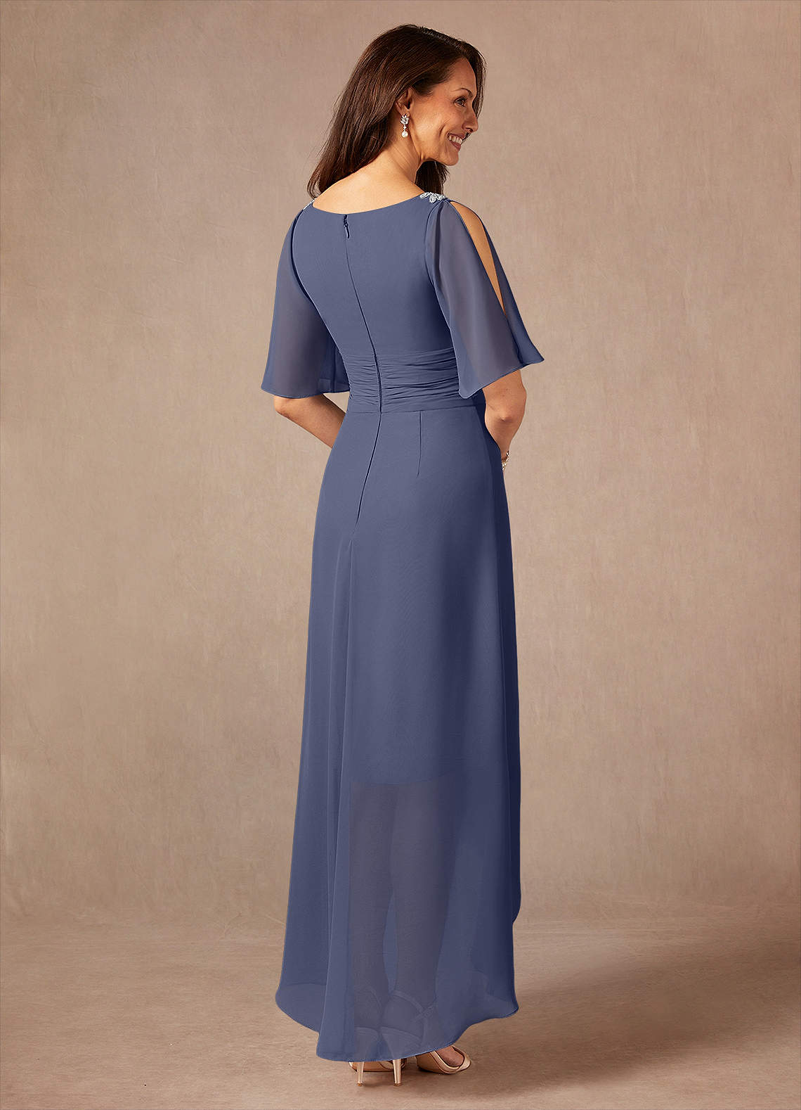 Pascual A-Line V-Neck Chiffon Mother of the Bride Dress in Stormy