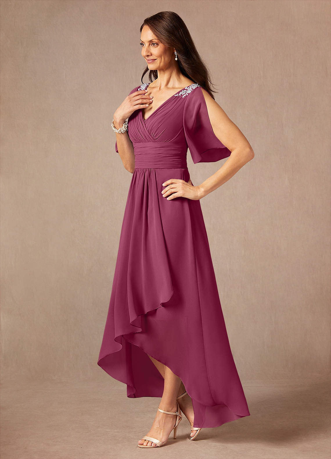 Pascual A-Line V-Neck Chiffon Mother of the Bride Dress in Mulberry