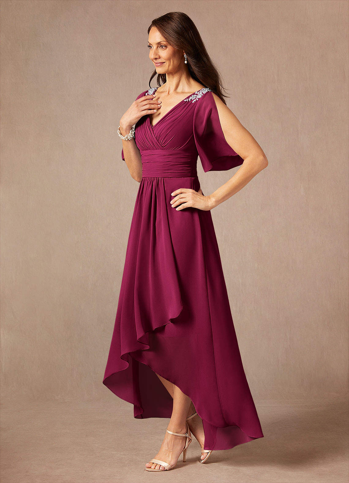 Pascual A-Line V-Neck Chiffon Mother of the Bride Dress in Burgundy