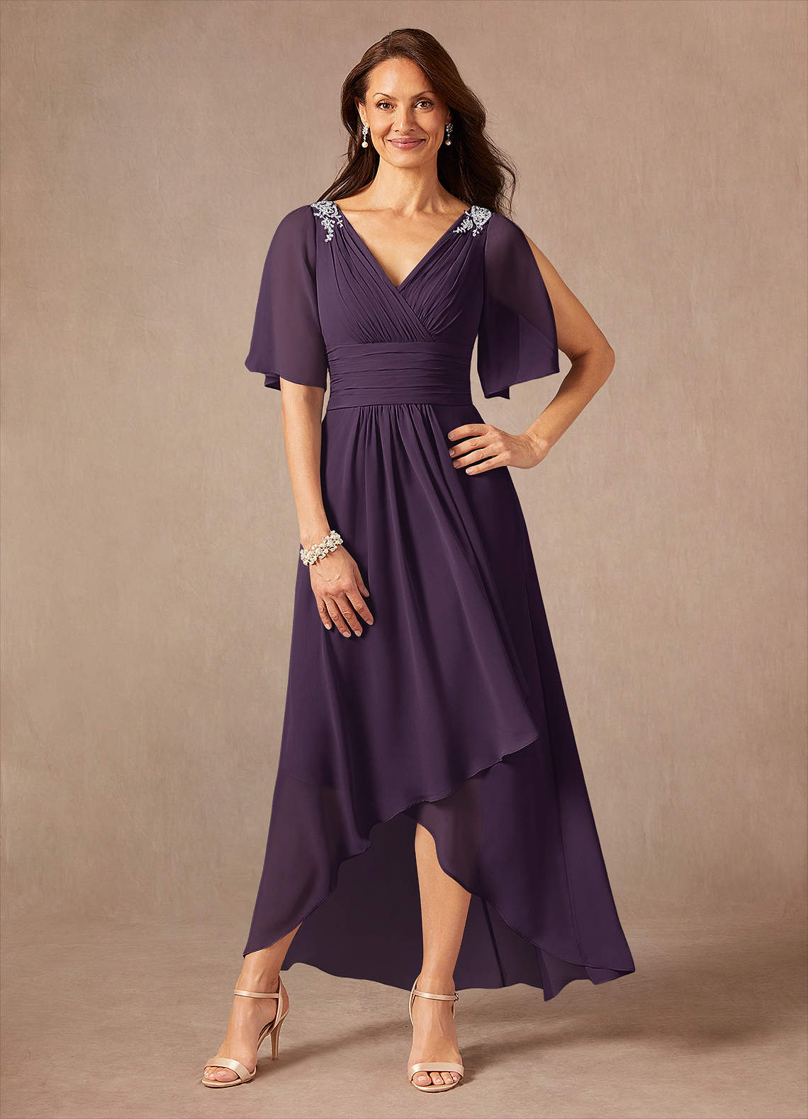 Pascual A-Line V-Neck Chiffon Mother of the Bride Dress in Plum