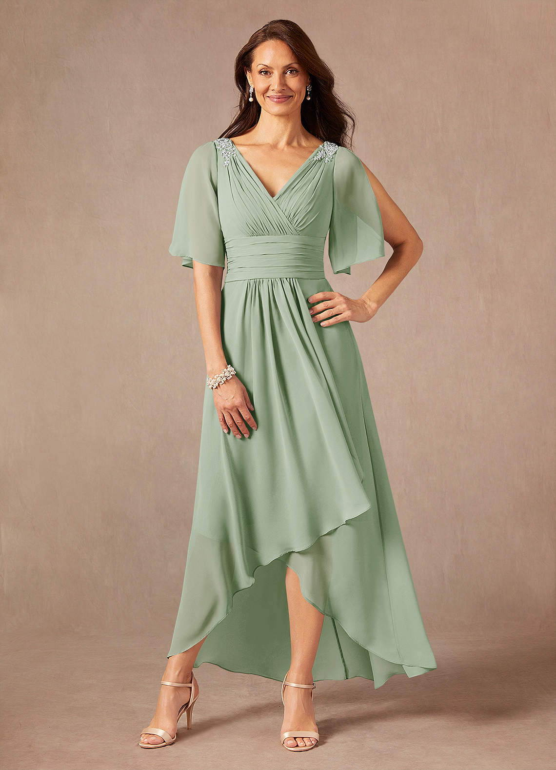 Pascual A-Line V-Neck Chiffon Mother of the Bride Dress in Dusty Sage