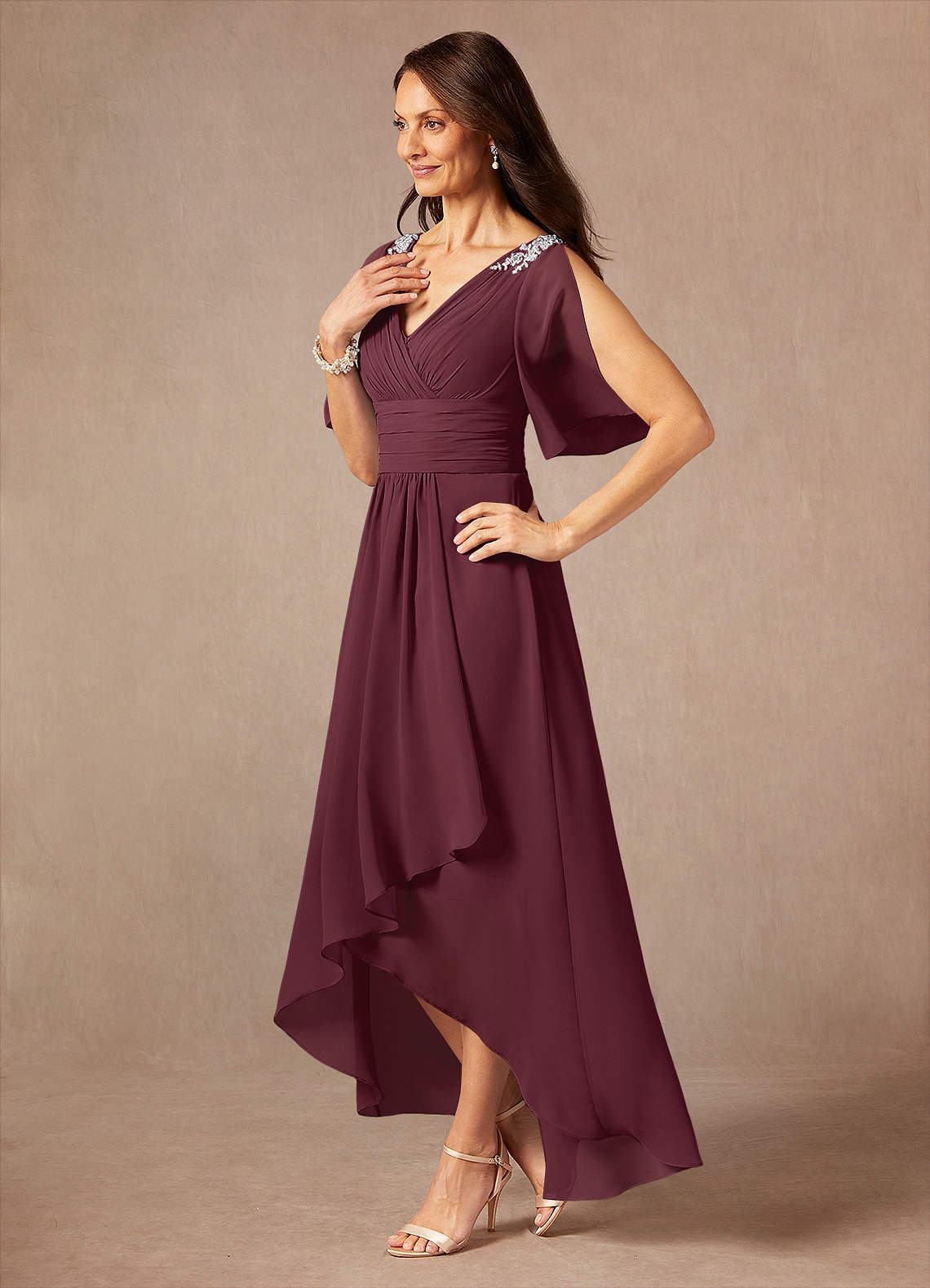 Pascual A-Line V-Neck Chiffon Mother of the Bride Dress in Cabernet