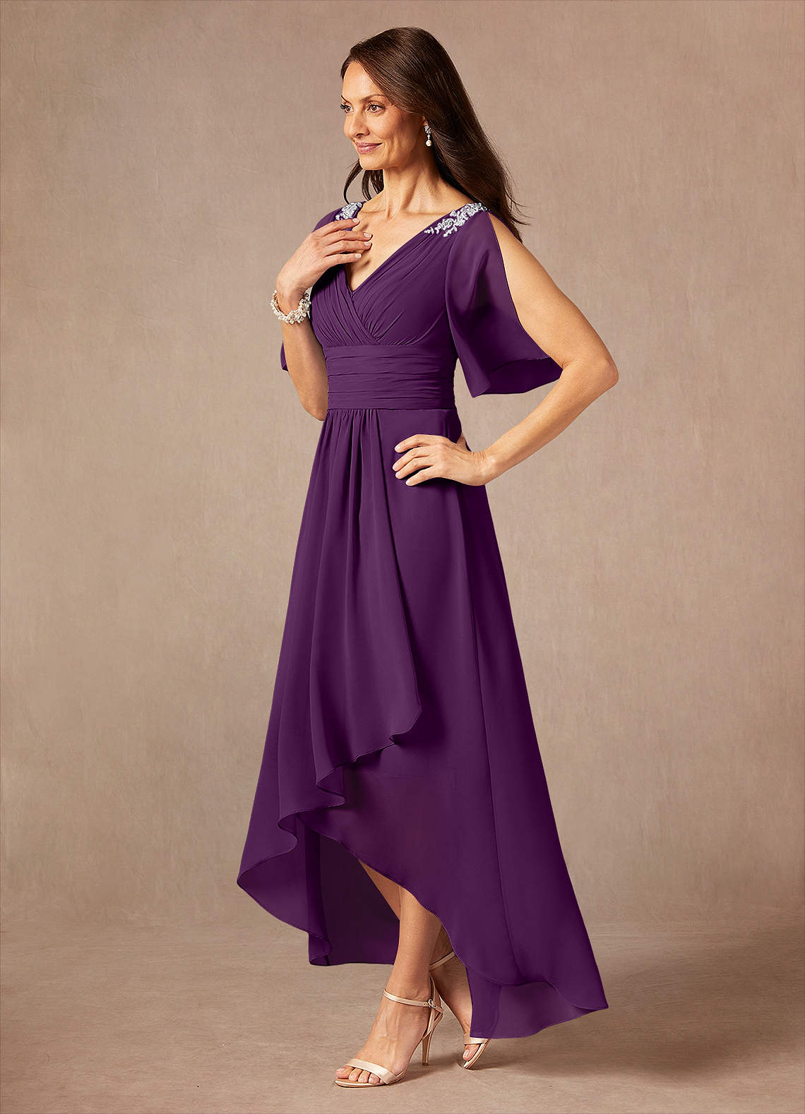 Pascual A-Line V-Neck Chiffon Mother of the Bride Dress in Grape