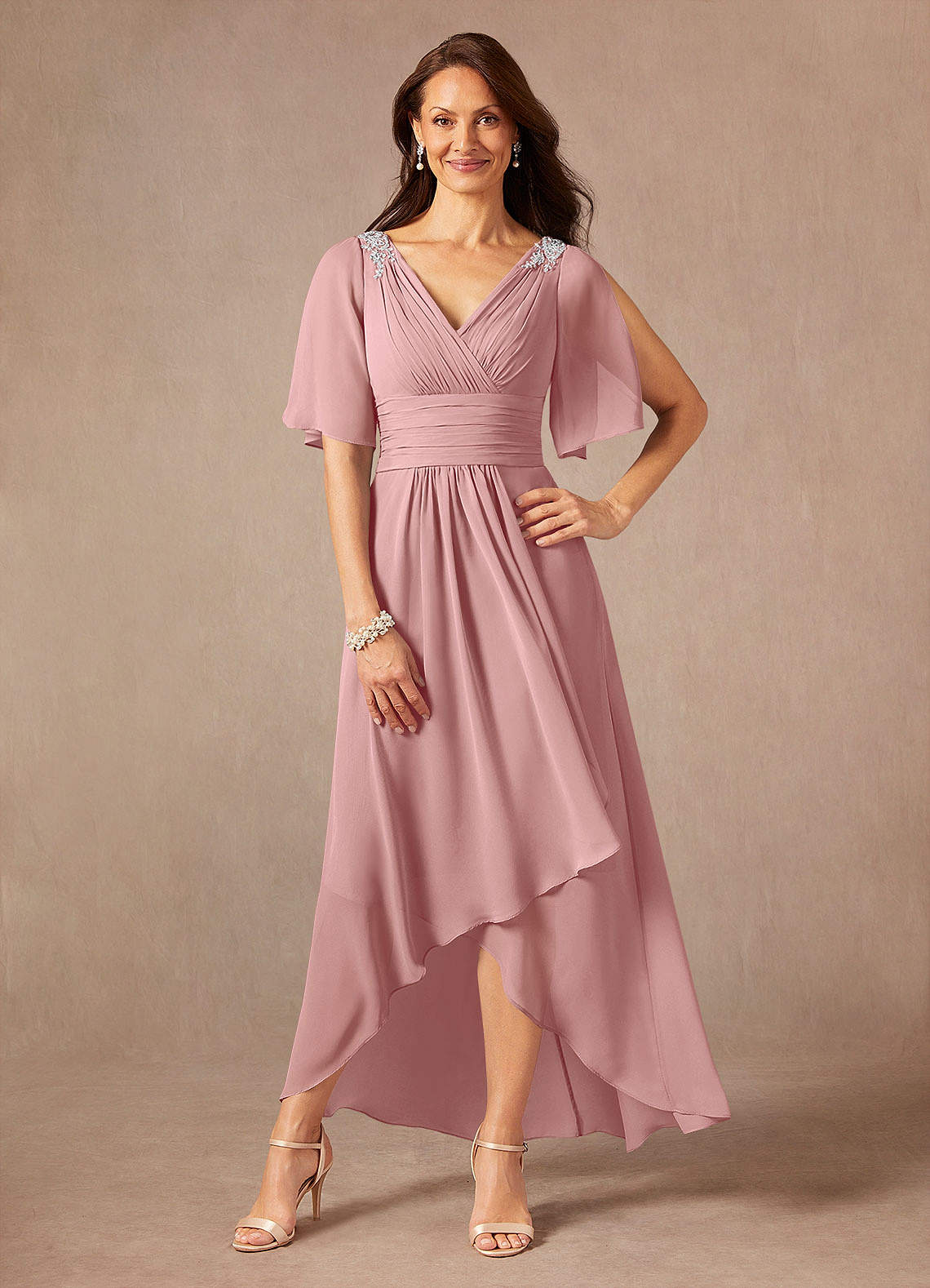 Pascual A-Line V-Neck Chiffon Mother of the Bride Dress in Dusty Rose