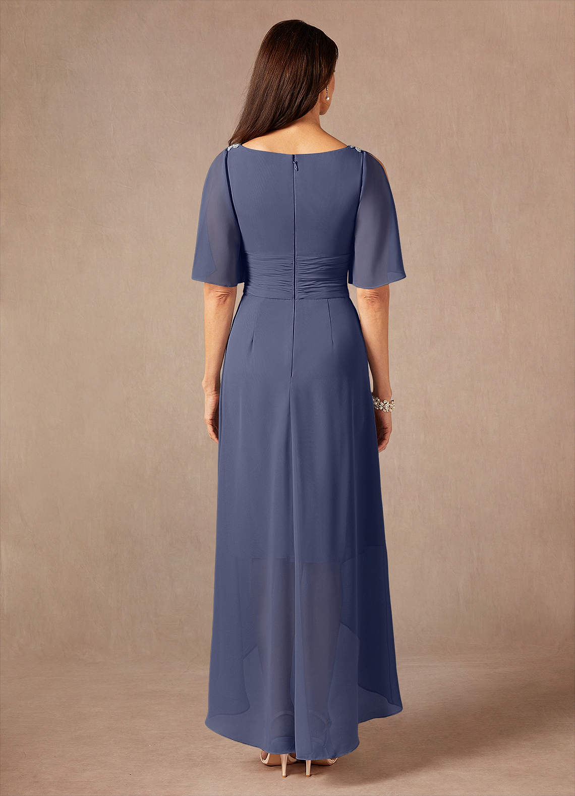 Pascual A-Line V-Neck Chiffon Mother of the Bride Dress in Stormy
