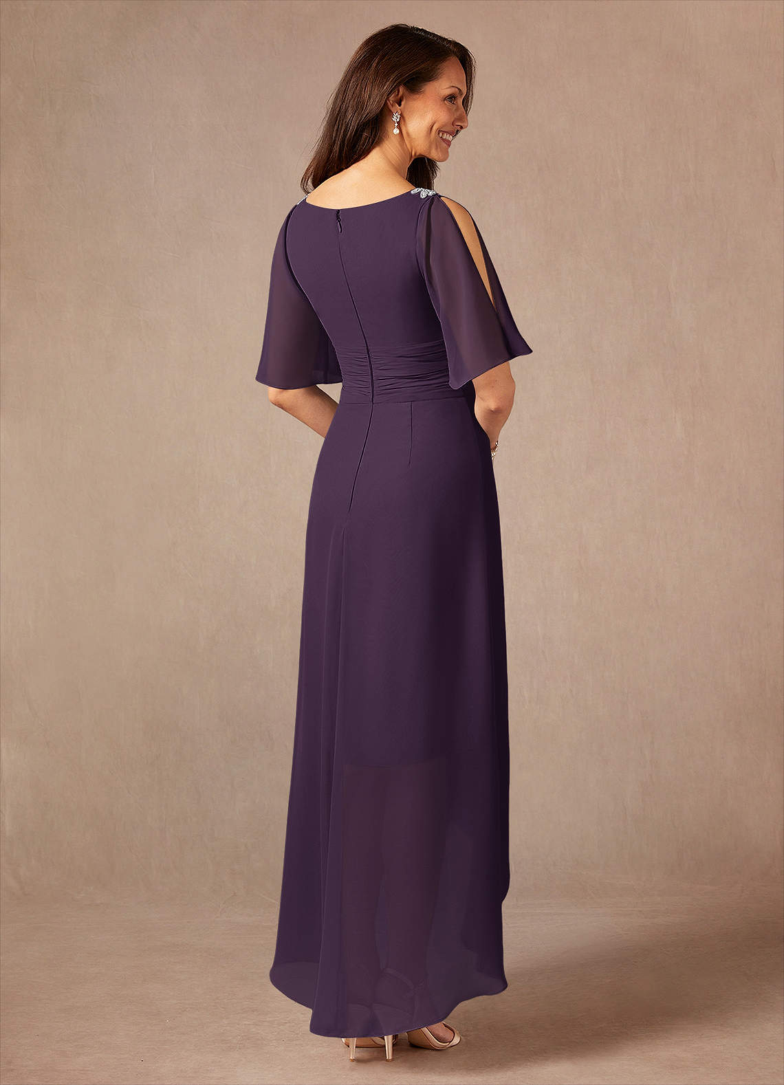 Pascual A-Line V-Neck Chiffon Mother of the Bride Dress in Plum