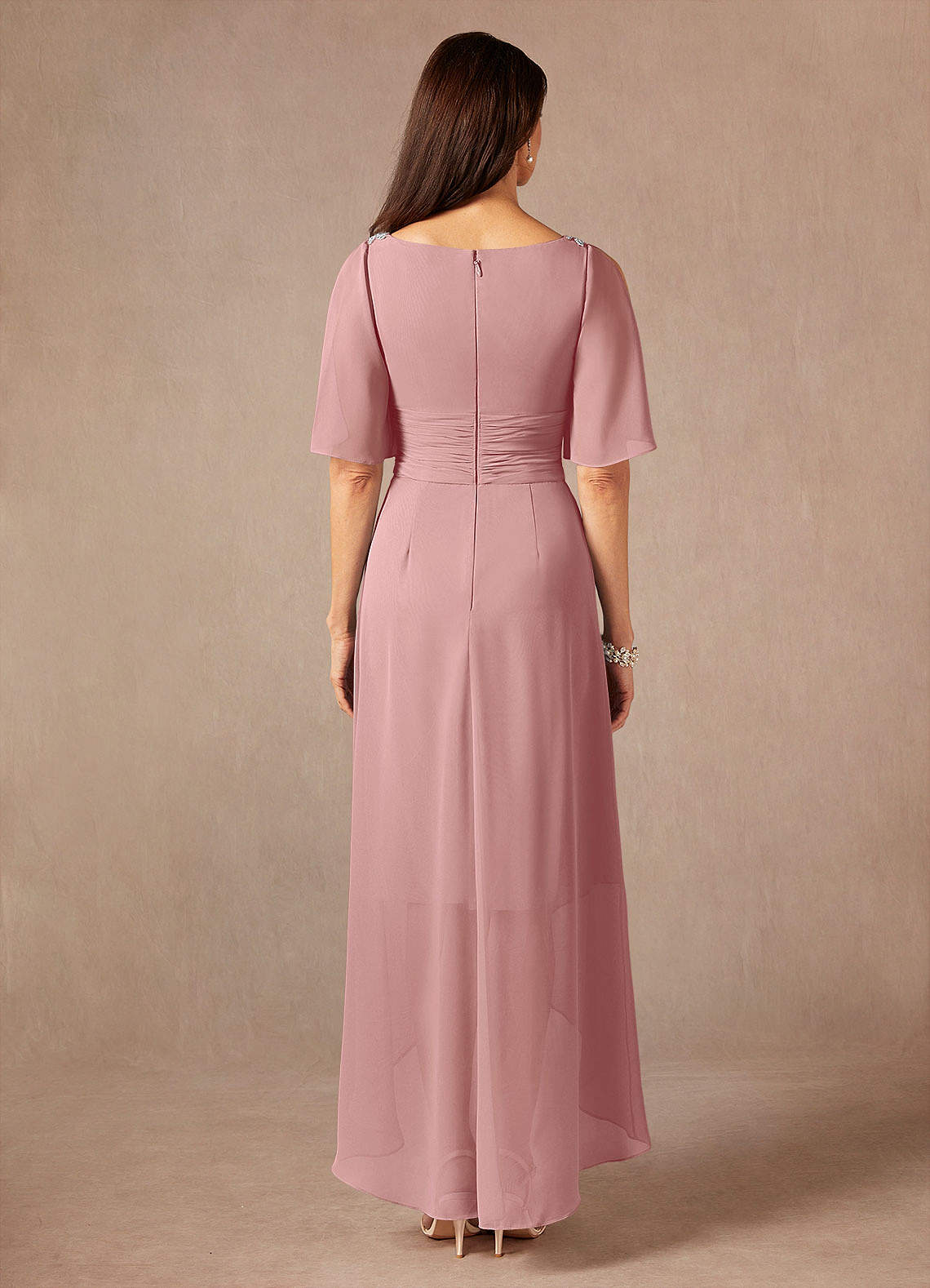 Pascual A-Line V-Neck Chiffon Mother of the Bride Dress in Dusty Rose