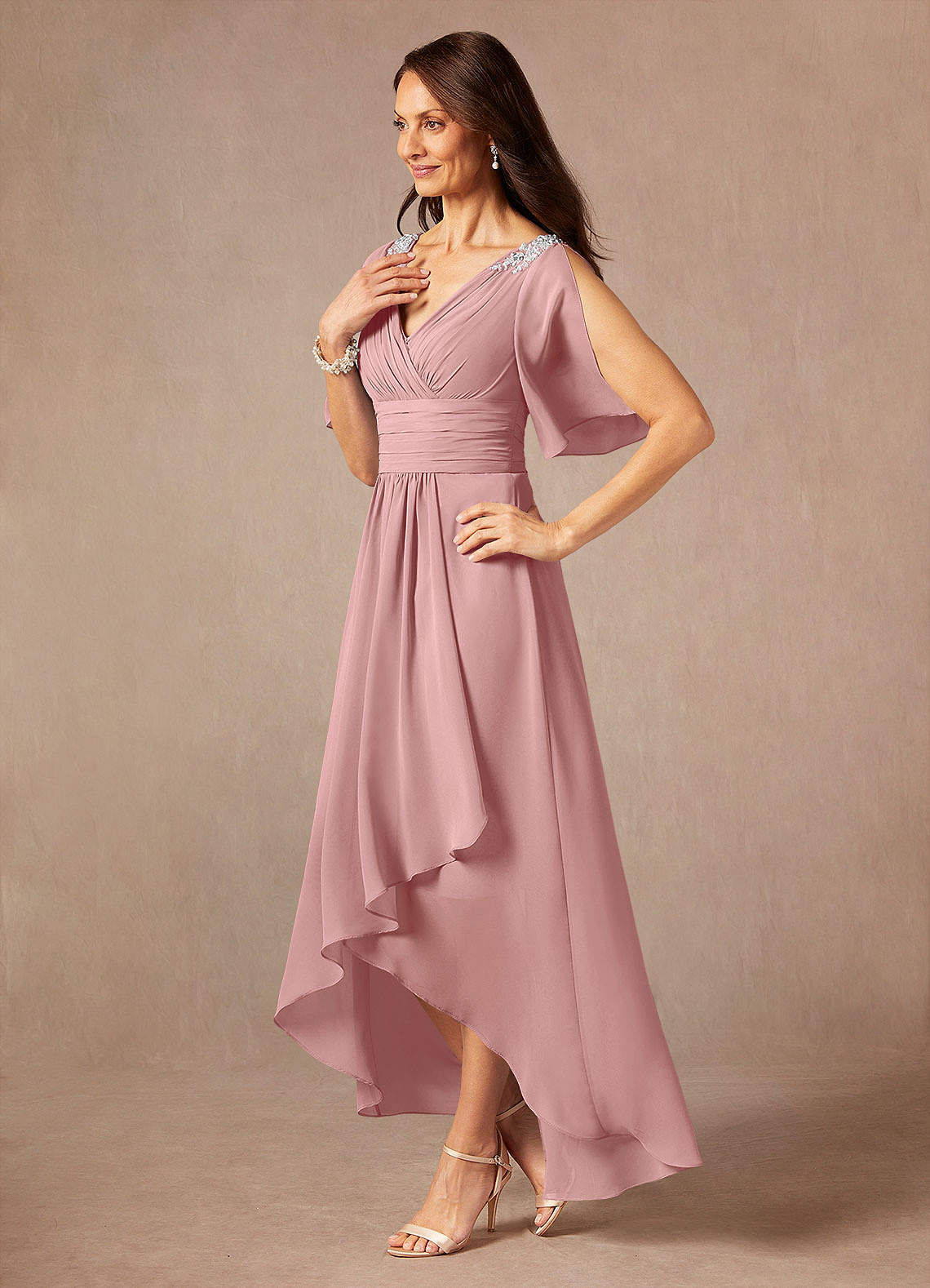 Pascual A-Line V-Neck Chiffon Mother of the Bride Dress in Dusty Rose